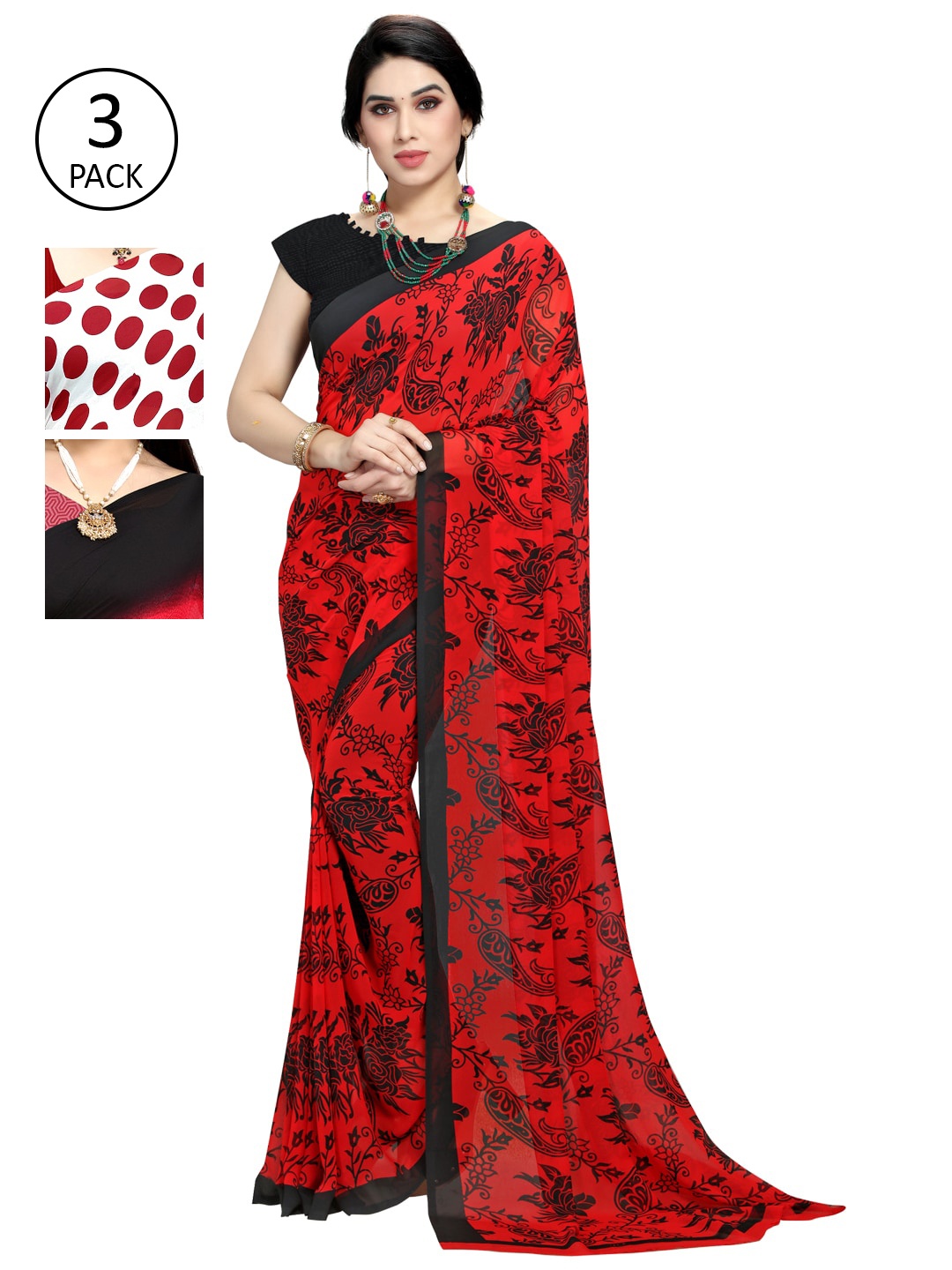 

KALINI Pack Of 3 Sarees, Red