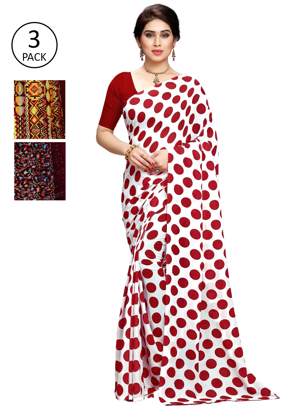 

KALINI Set of 3 White, Yellow & Maroon Printed Sarees