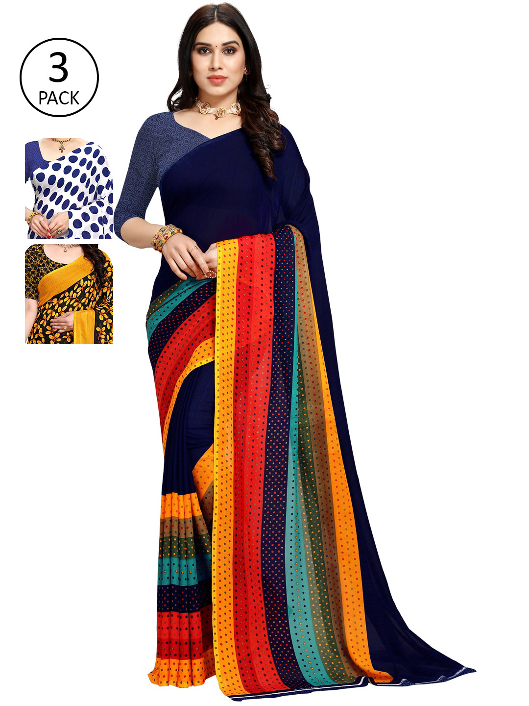 

KALINI Pack of 3 Poly Georgette Printed Sarees, White