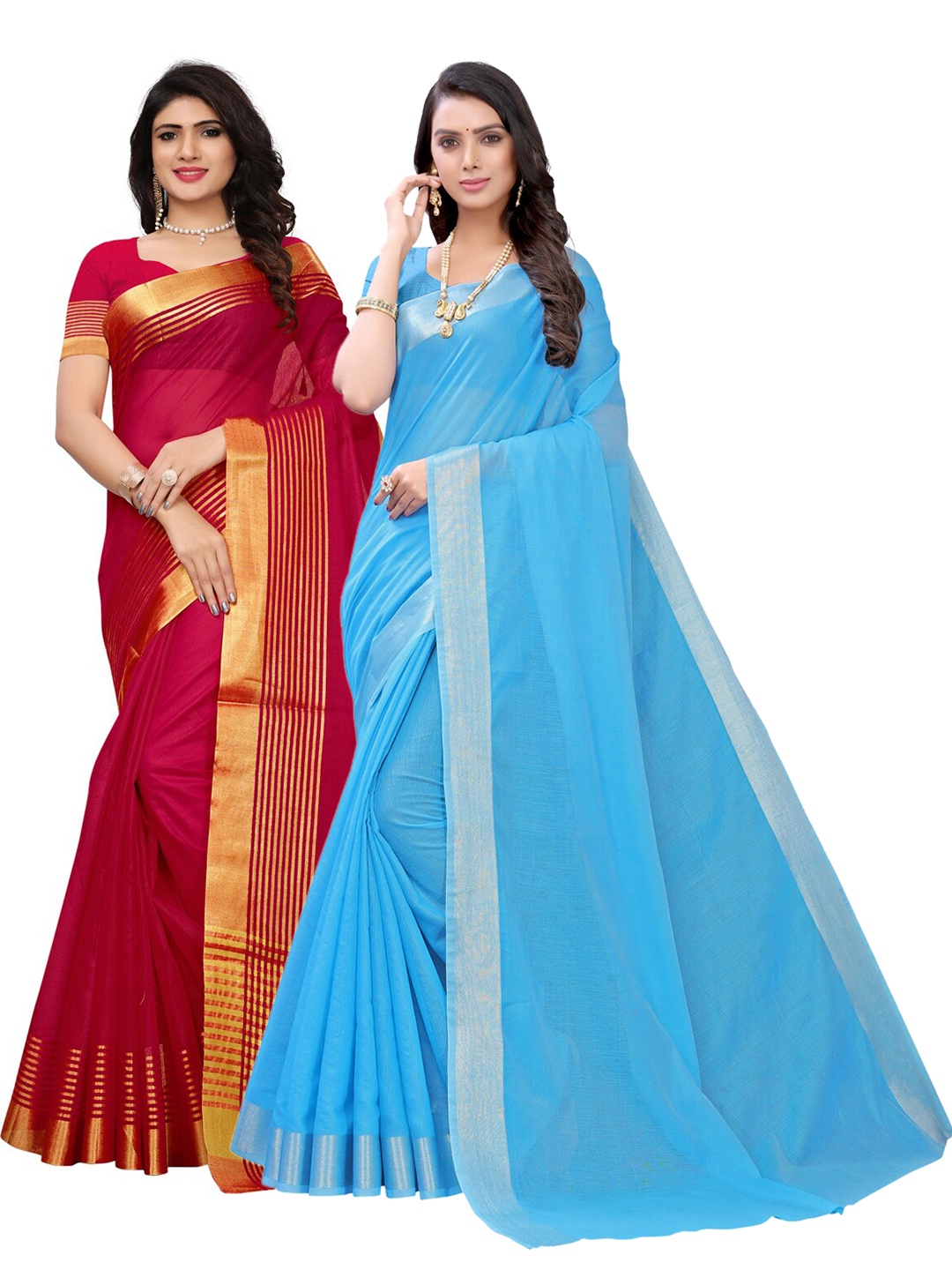 

KALINI Women Red and Blue Combo Pack of 2 Cotton Blend Saree