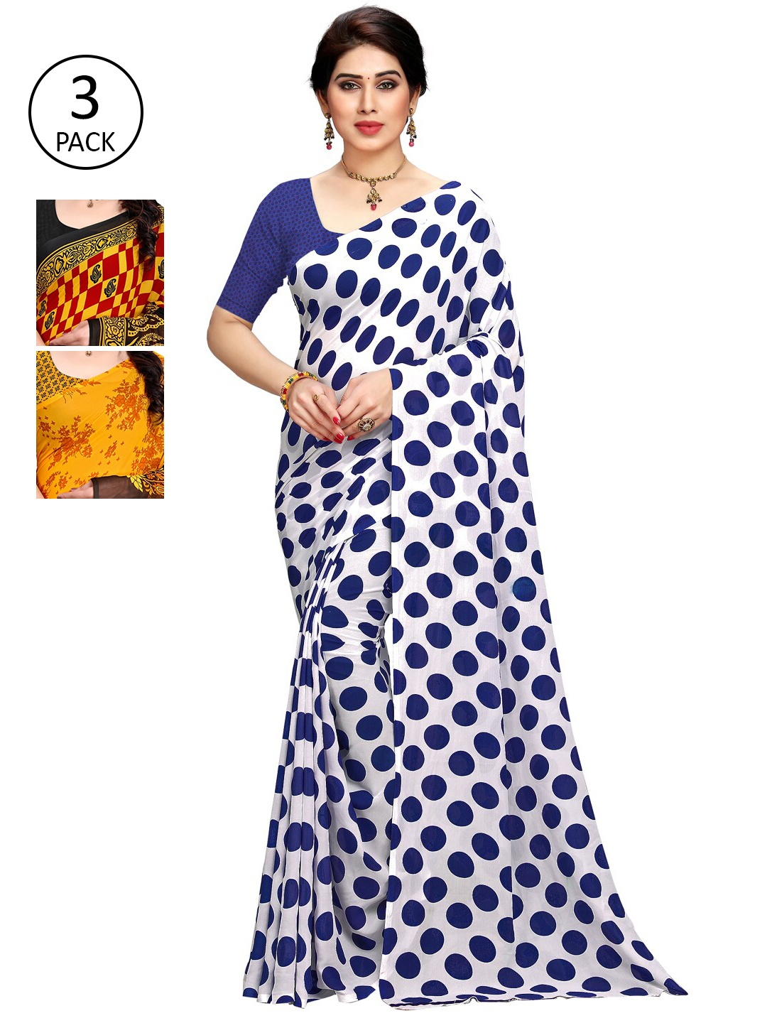 

KALINI Pack Of 3 Printed White & Red & Yellow Printed Sarees