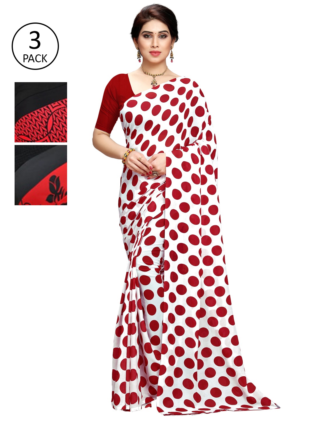 

KALINI Pack of 3 Printed Sarees, Red