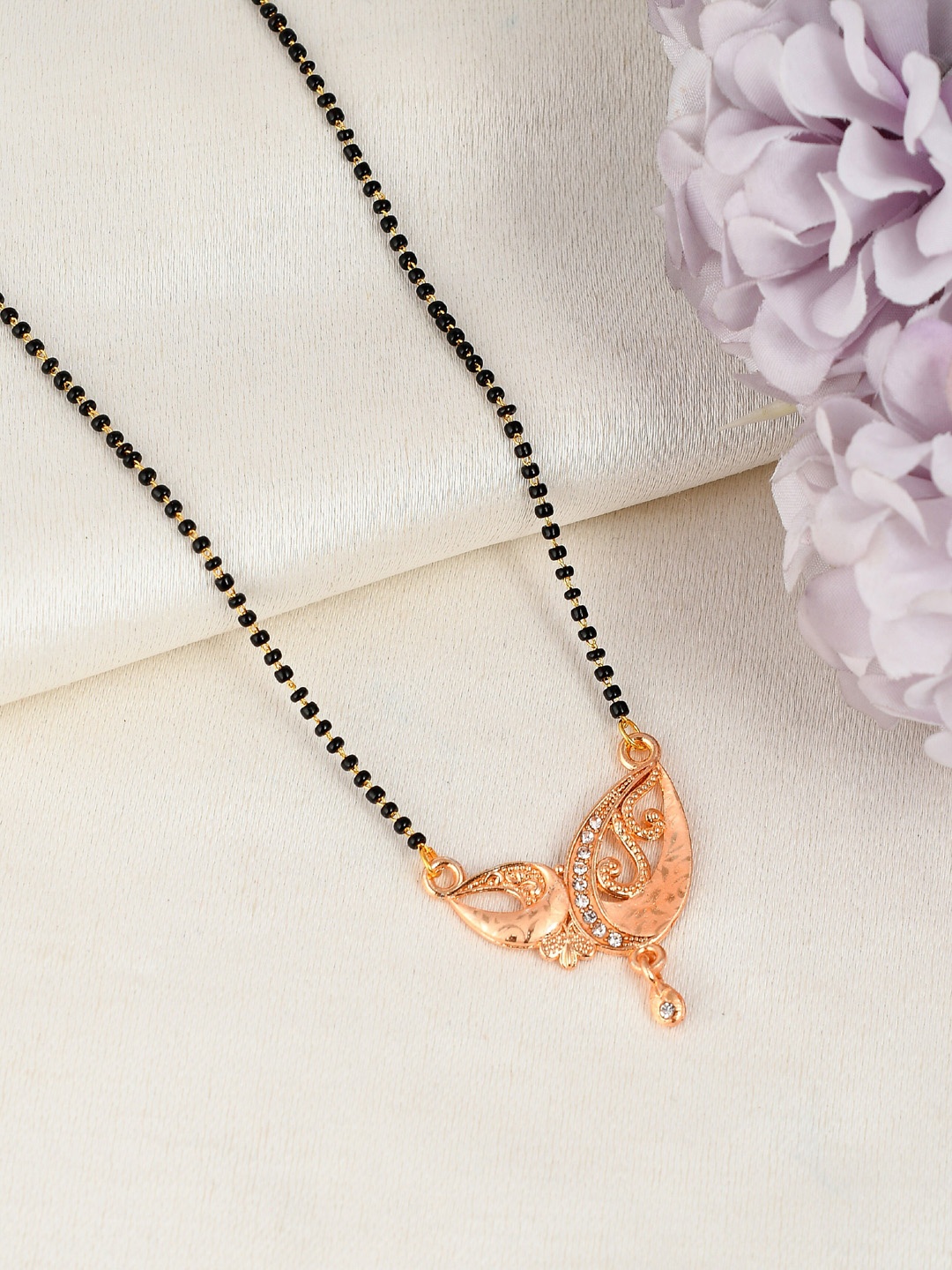 

Silvermerc Designs Rose Gold-Plated Black Beaded & White AD-Studded Mangalsutra