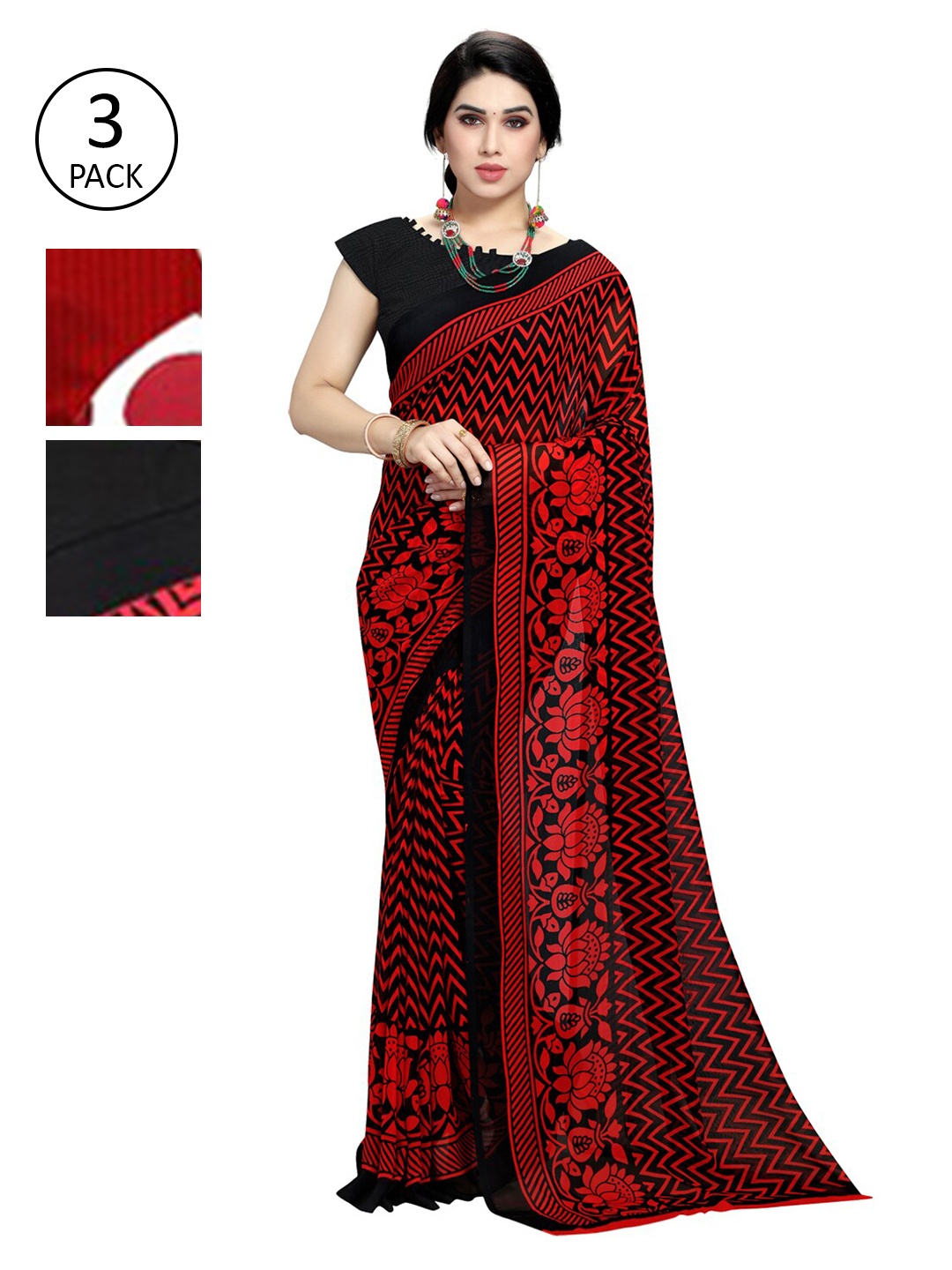 

KALINI Pack Of 3 Multicoloured Printed Sarees, Red