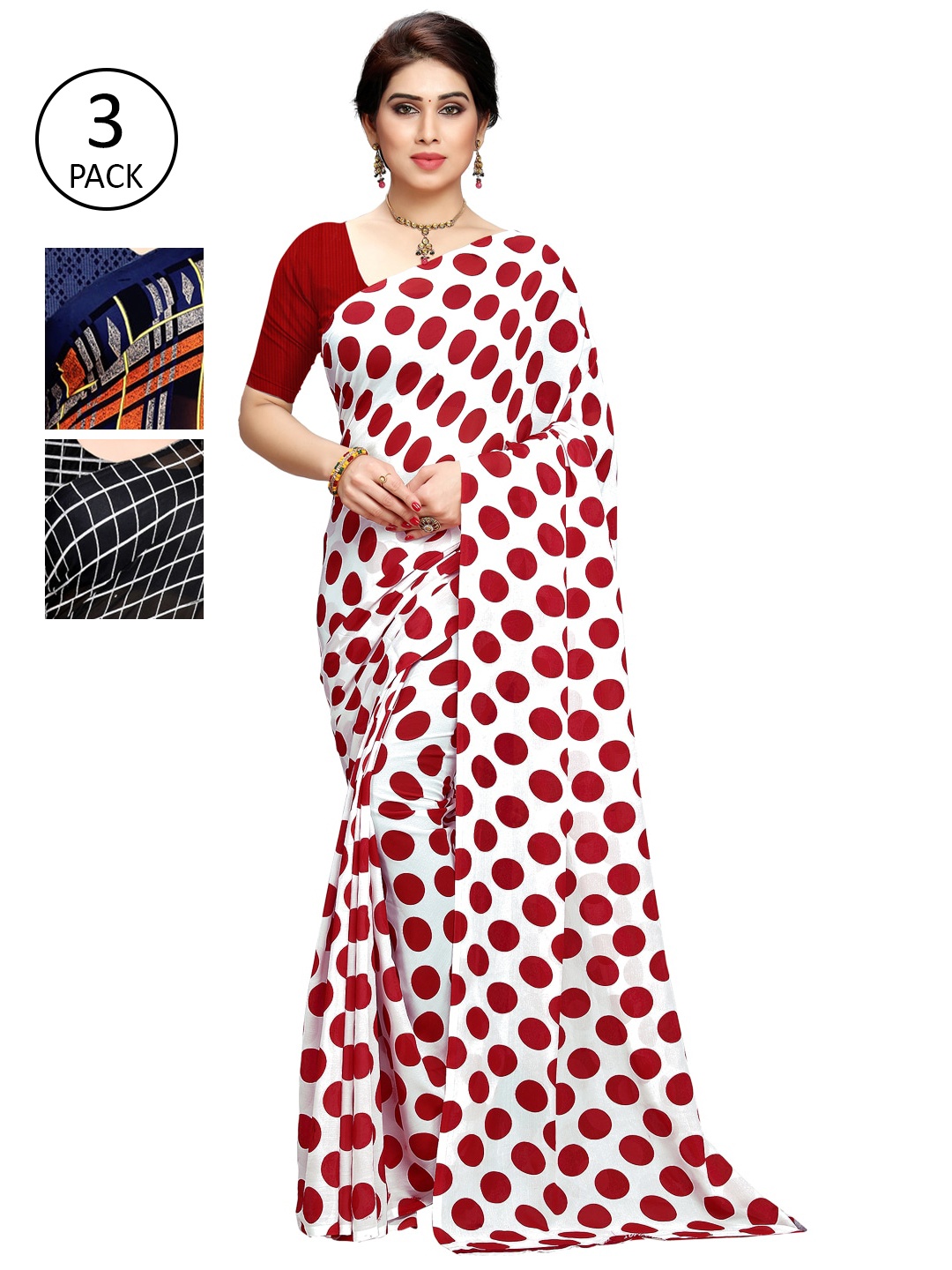 

KALINI Pack Of 3 Multicoloured Printed Sarees, Red