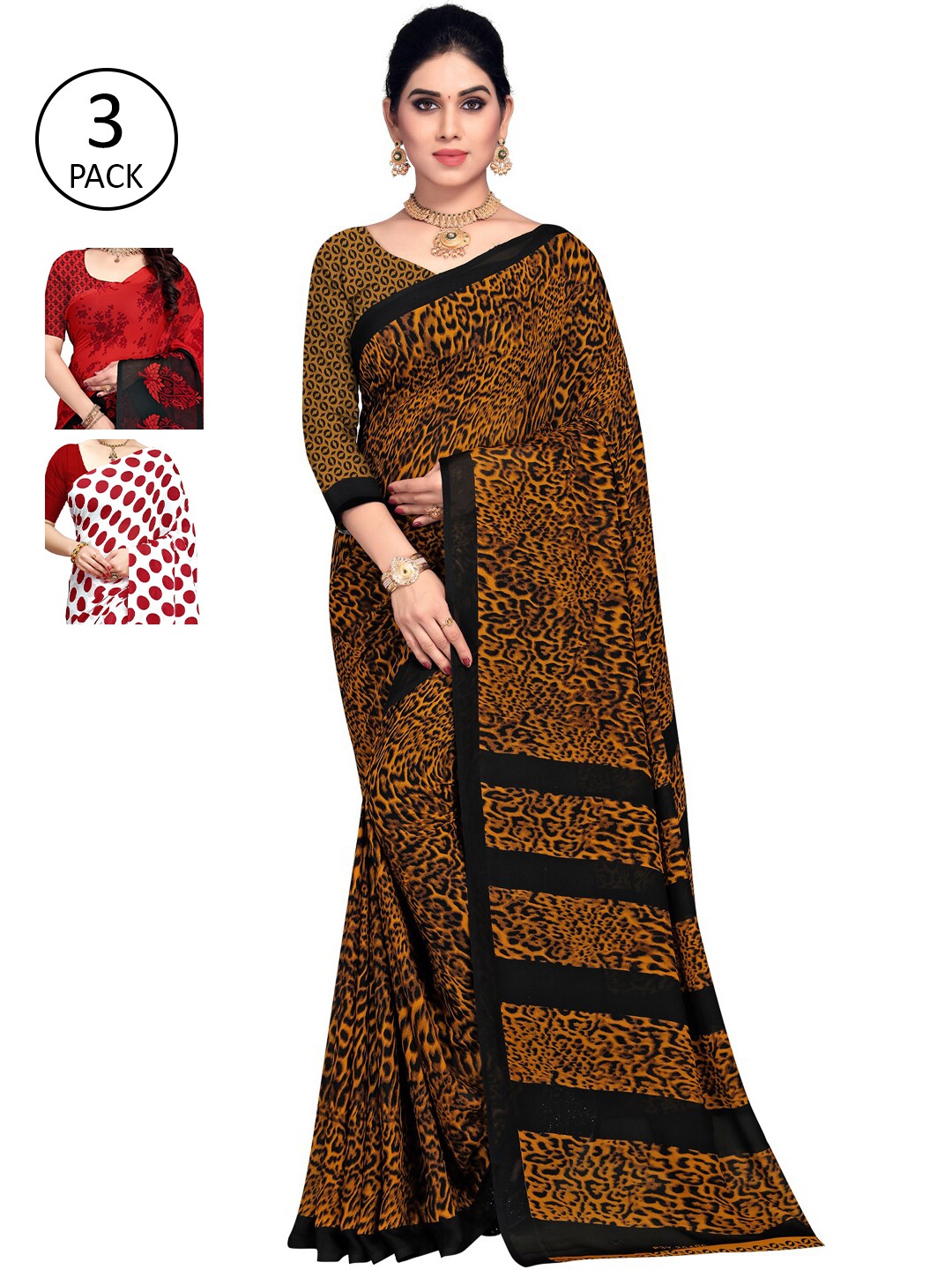 

KALINI Pack Of 3 Multicoloured Printed Sarees, Red