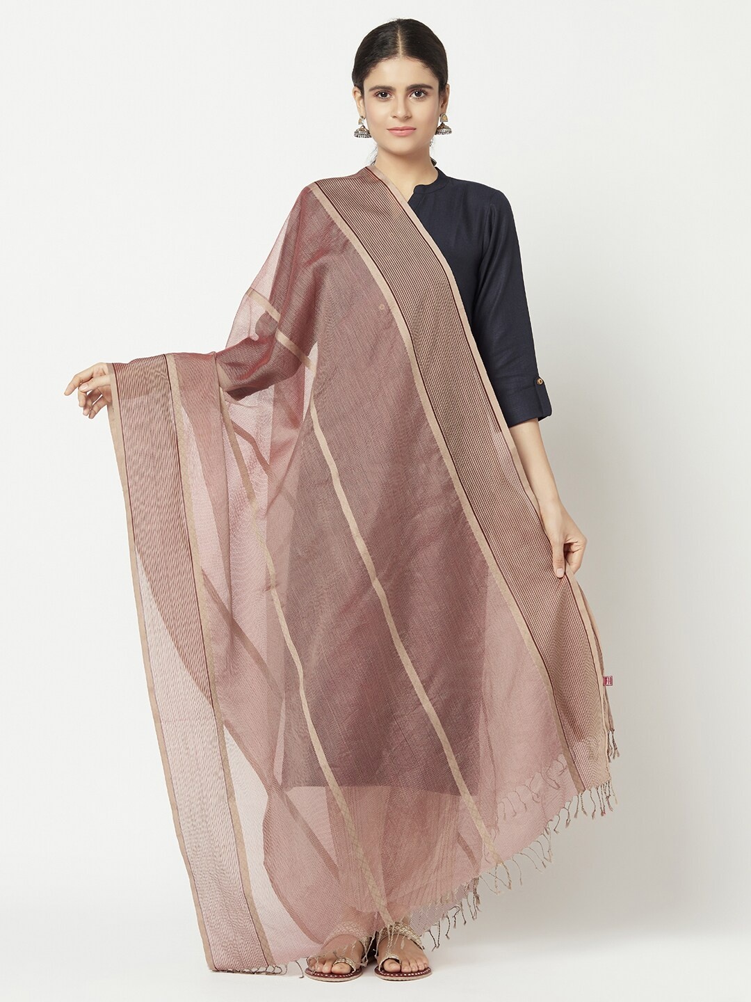 

Fabindia Beige & Gold-Toned Striped Cotton Silk Maheshwari Woven Dupatta