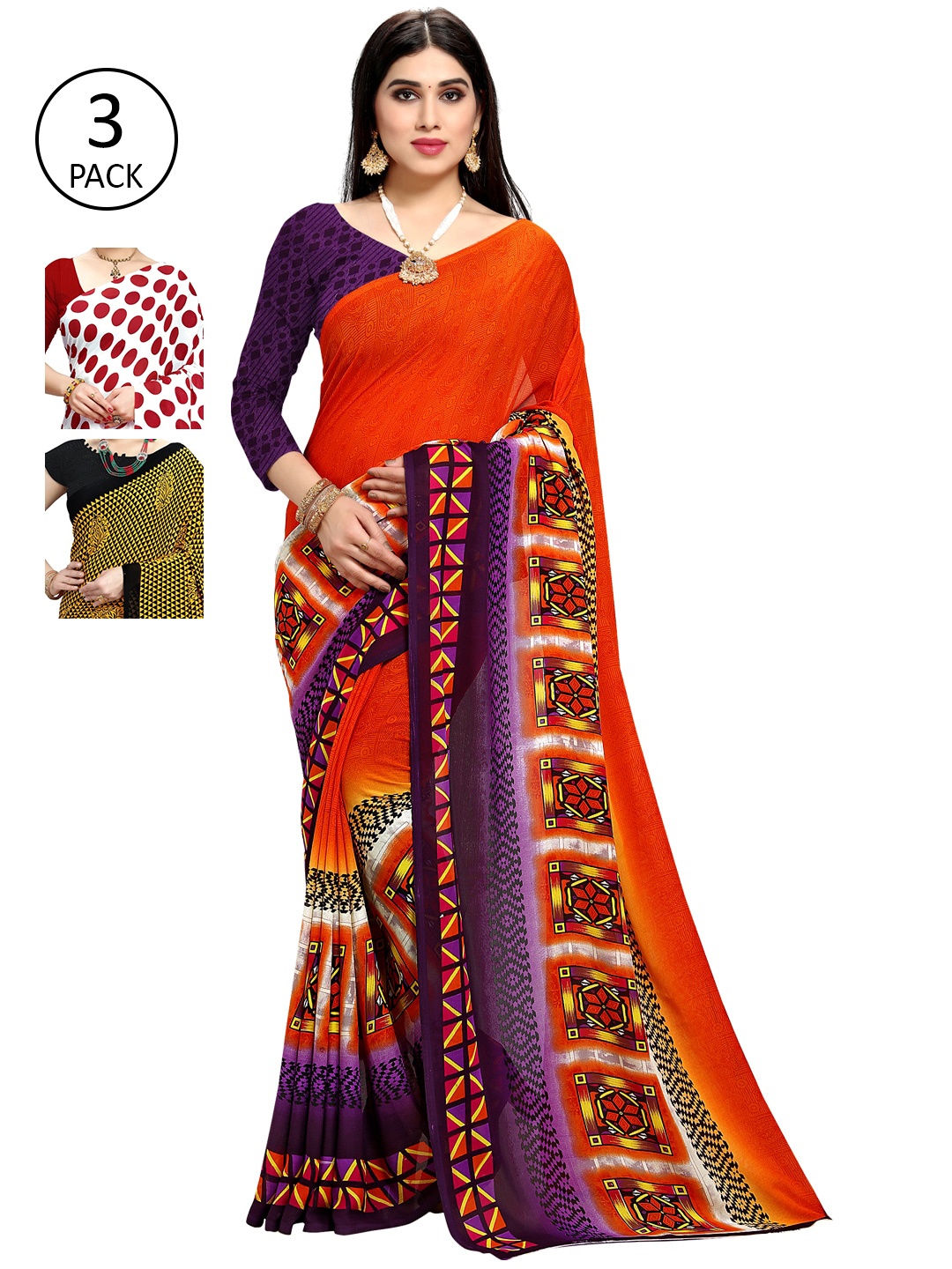 

KALINI Pack of 3 Poly Georgette Sarees, Yellow