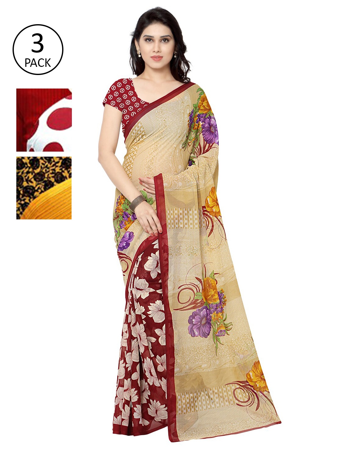 

KALINI Women Women Pack of 3 Printed Sarees, Black