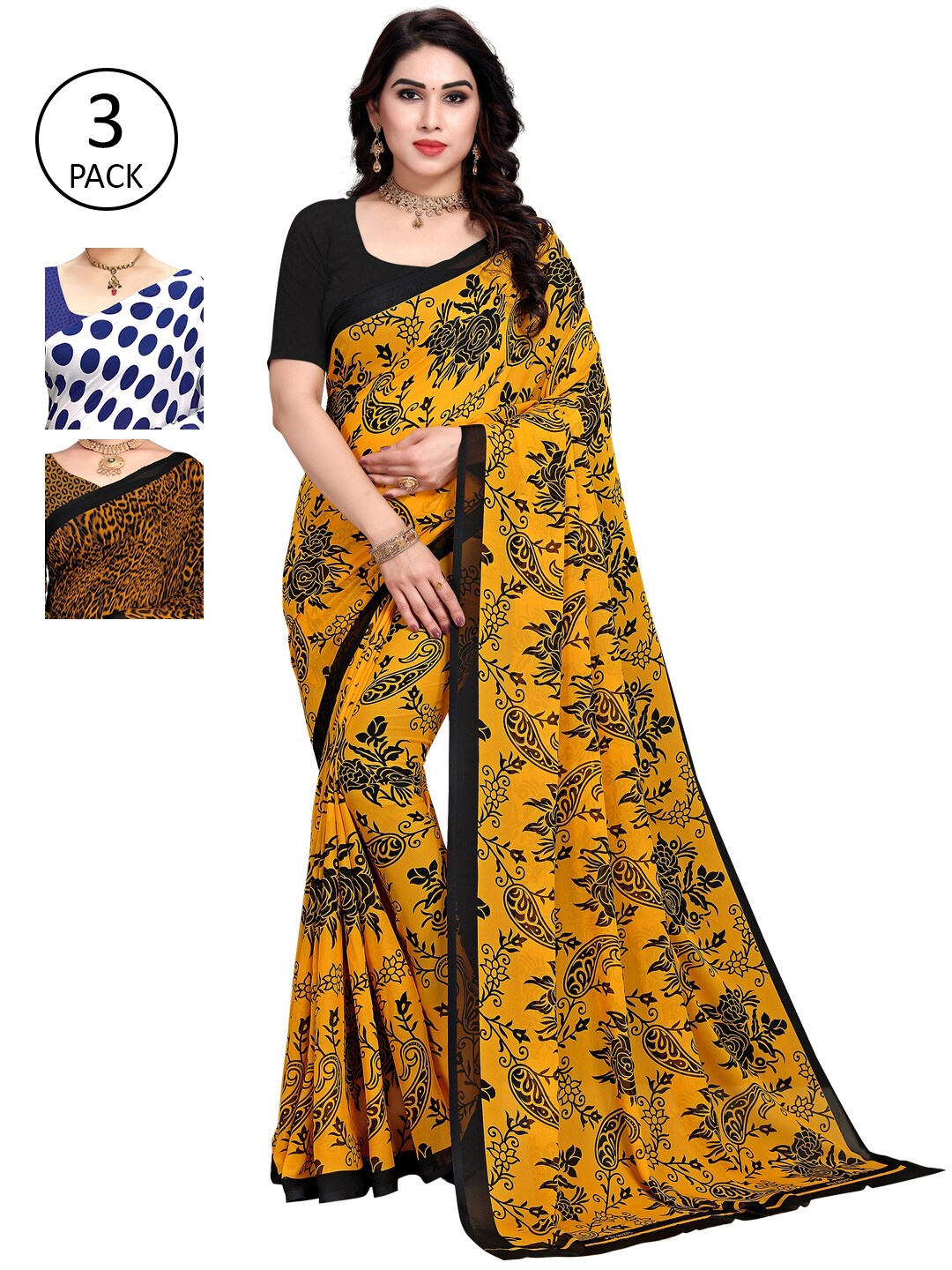 

KALINI Set of 3 Blue, Yellow & Black Sarees