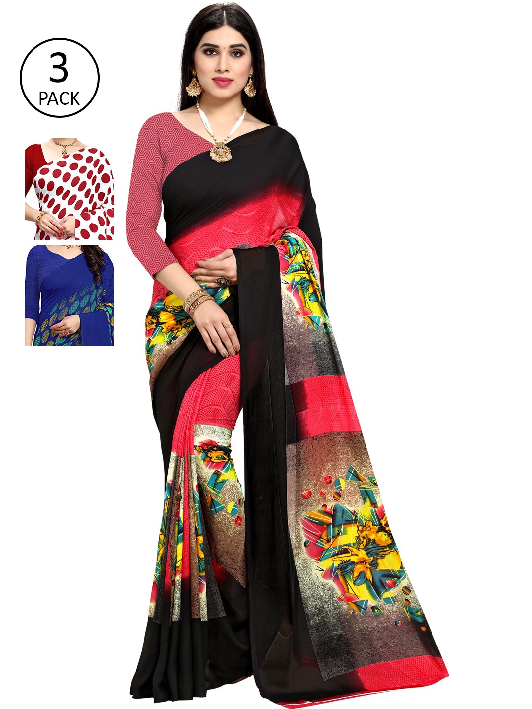 ANAND SAREES Pack of 3 Poly Georgette Saree, White