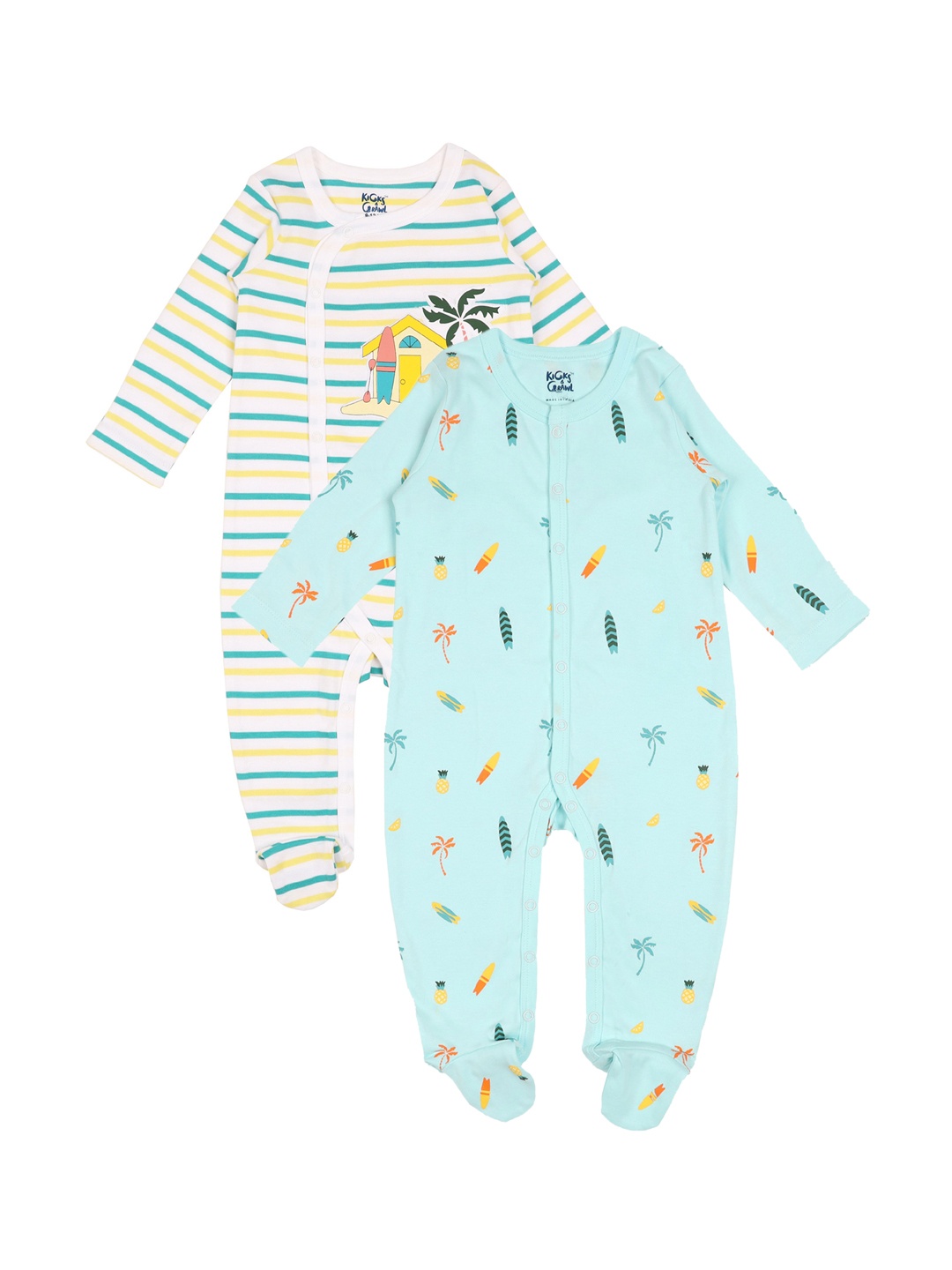 

KICKS & CRAWL Infant Kids Pack Of 2 Printed Cotton Sleepsuits, Blue