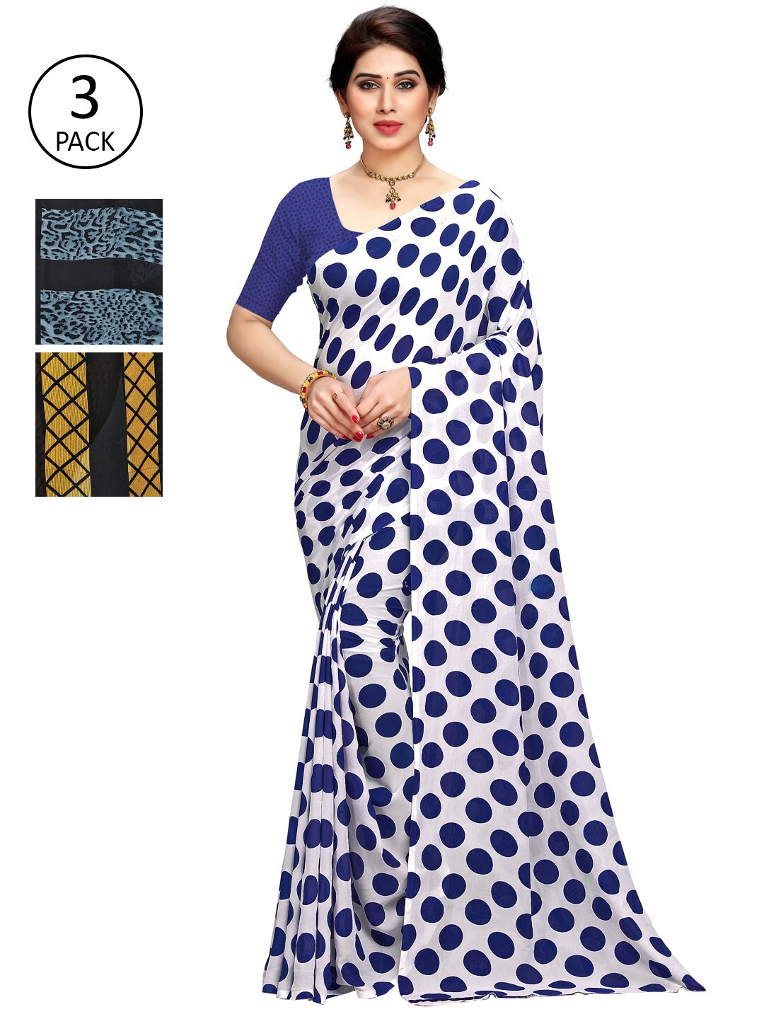 

KALINI Set of 3 Printed White, Blue & Yellow Sarees