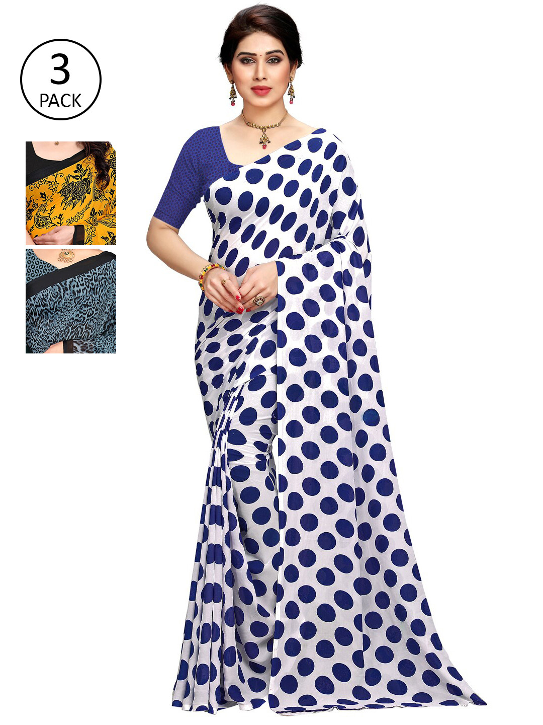 

KALINI Pack Of 3 White & Yellow & Blue Printed Sarees
