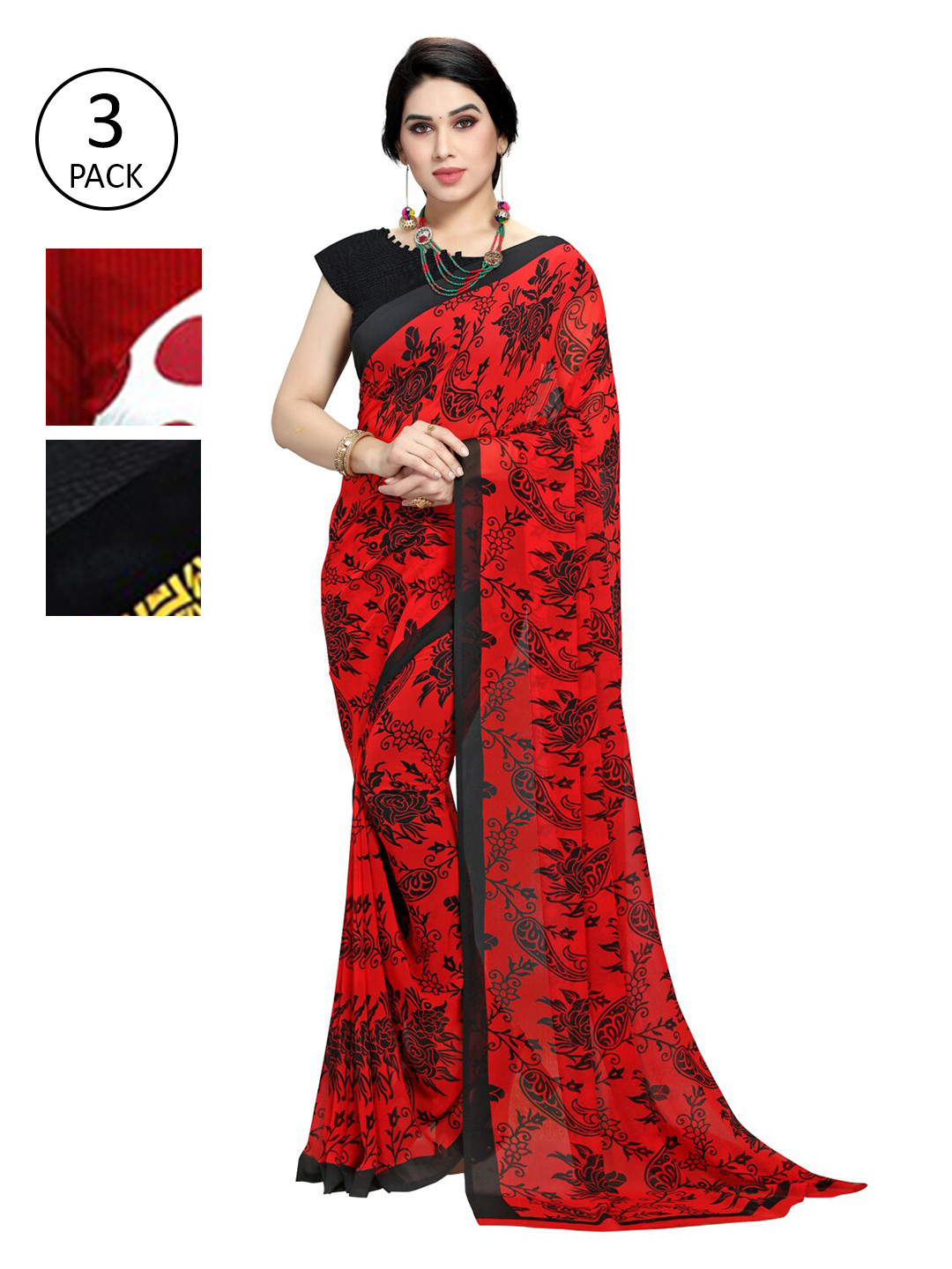 

KALINI Set of 3 Red, White & Yellow Printed Sarees