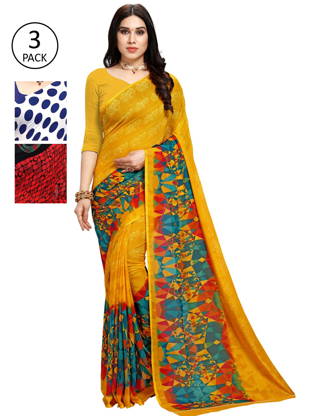 

KALINI Pack of 3 Poly Georgette Printed Sarees, White