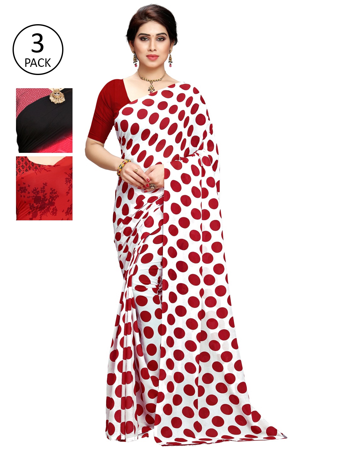 

KALINI Pack of 3 Poly Georgette Sarees, White