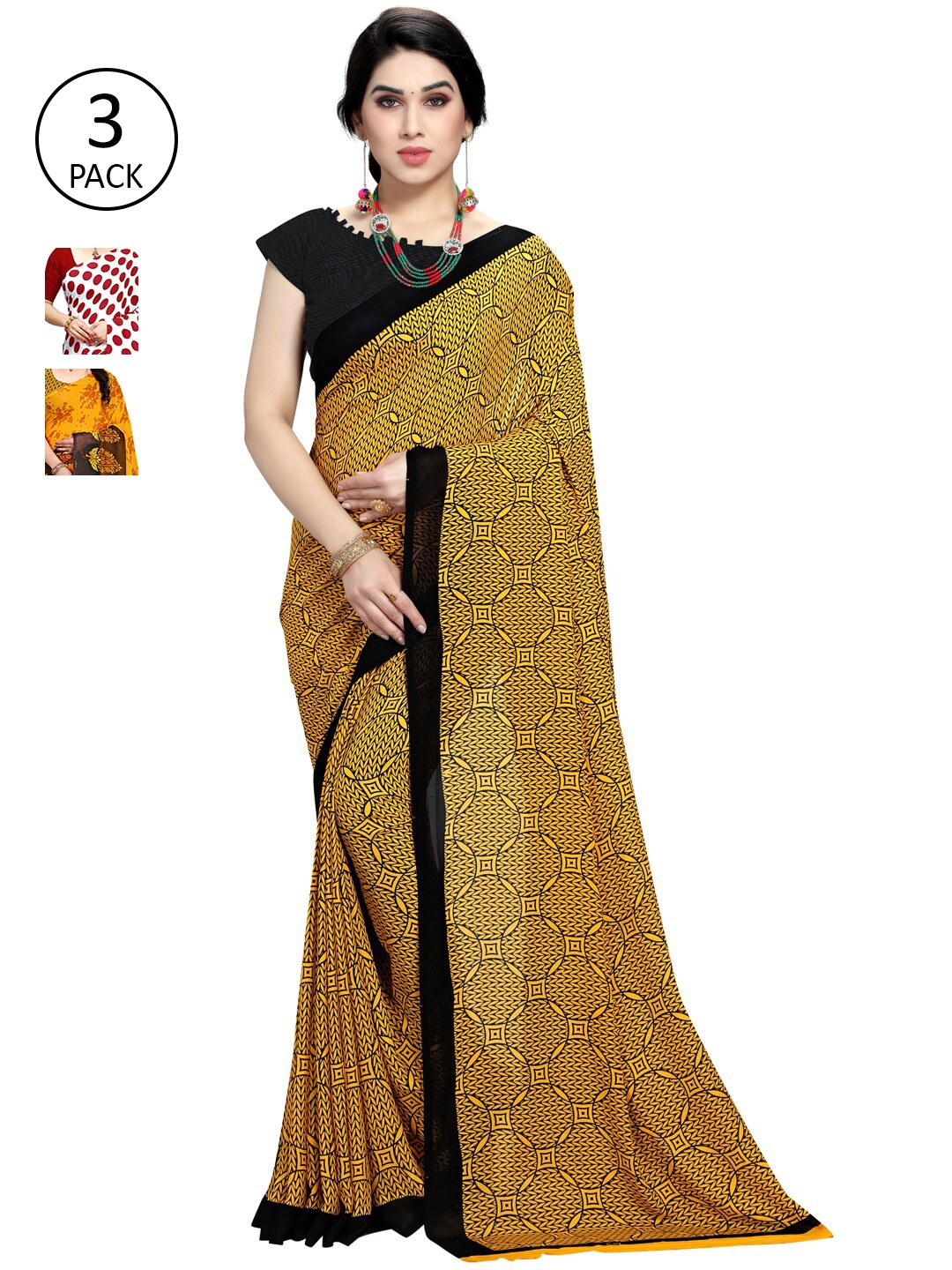 

KALINI Set of 3 Yellow, Red & Black Printed Sarees