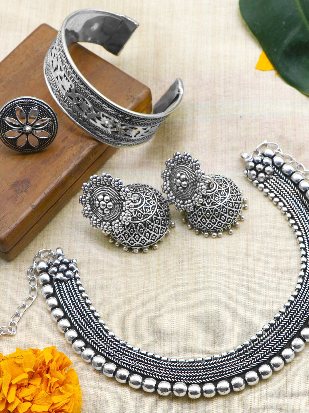 

TEEJH Oxidised Silver-Toned Jewellery Set