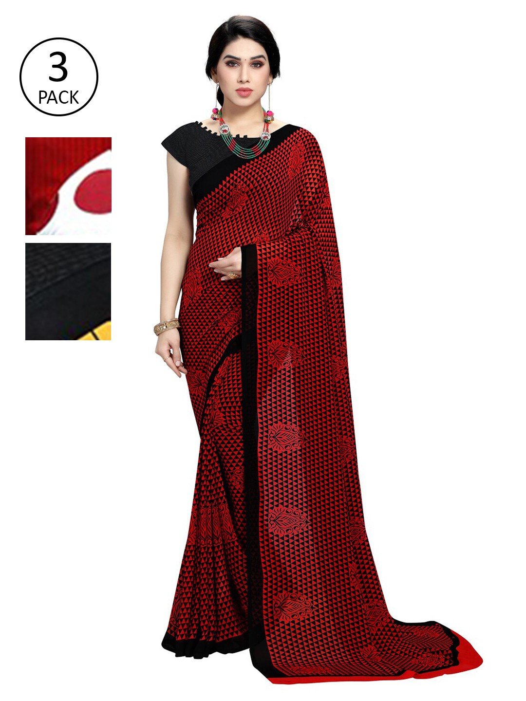 

KALINI Set of 3 Red, White & Yellow Printed Sarees