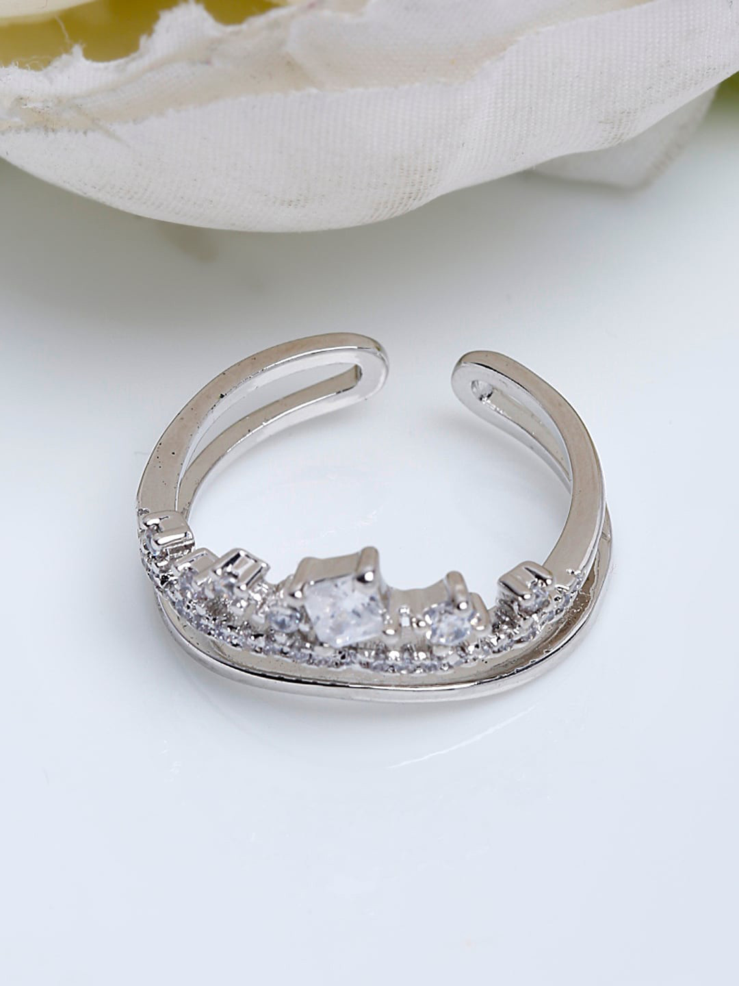 

Shining Diva Fashion Platinum-Plated Silver-Toned White CZ-Studded Adjustable Finger Ring