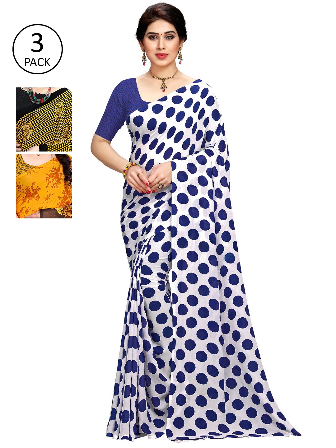 

KALINI Set of 3 Blue & Yellow Printed Sarees