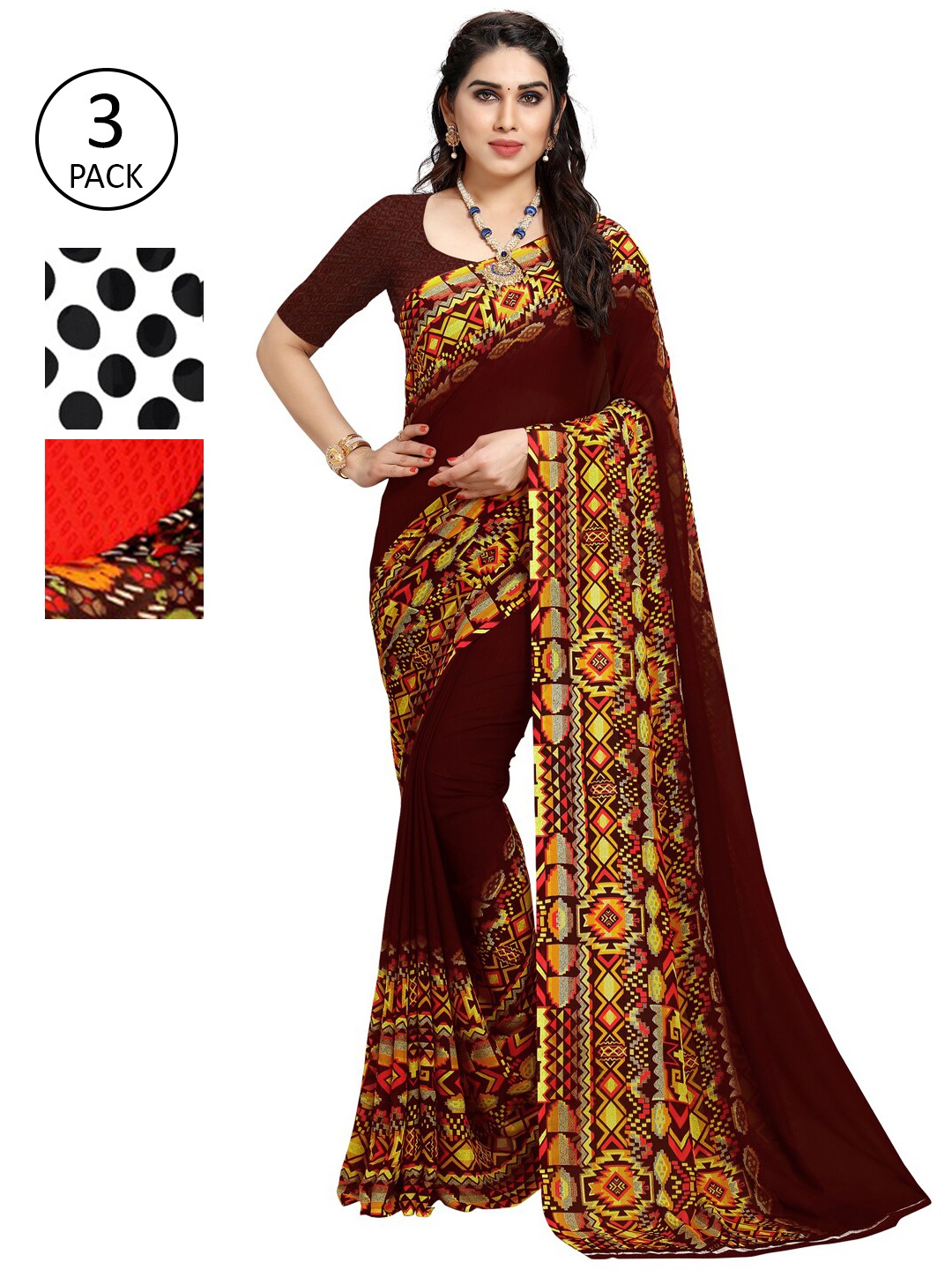 

KALINI Pack of 3 Poly Georgette Printed Sarees, White