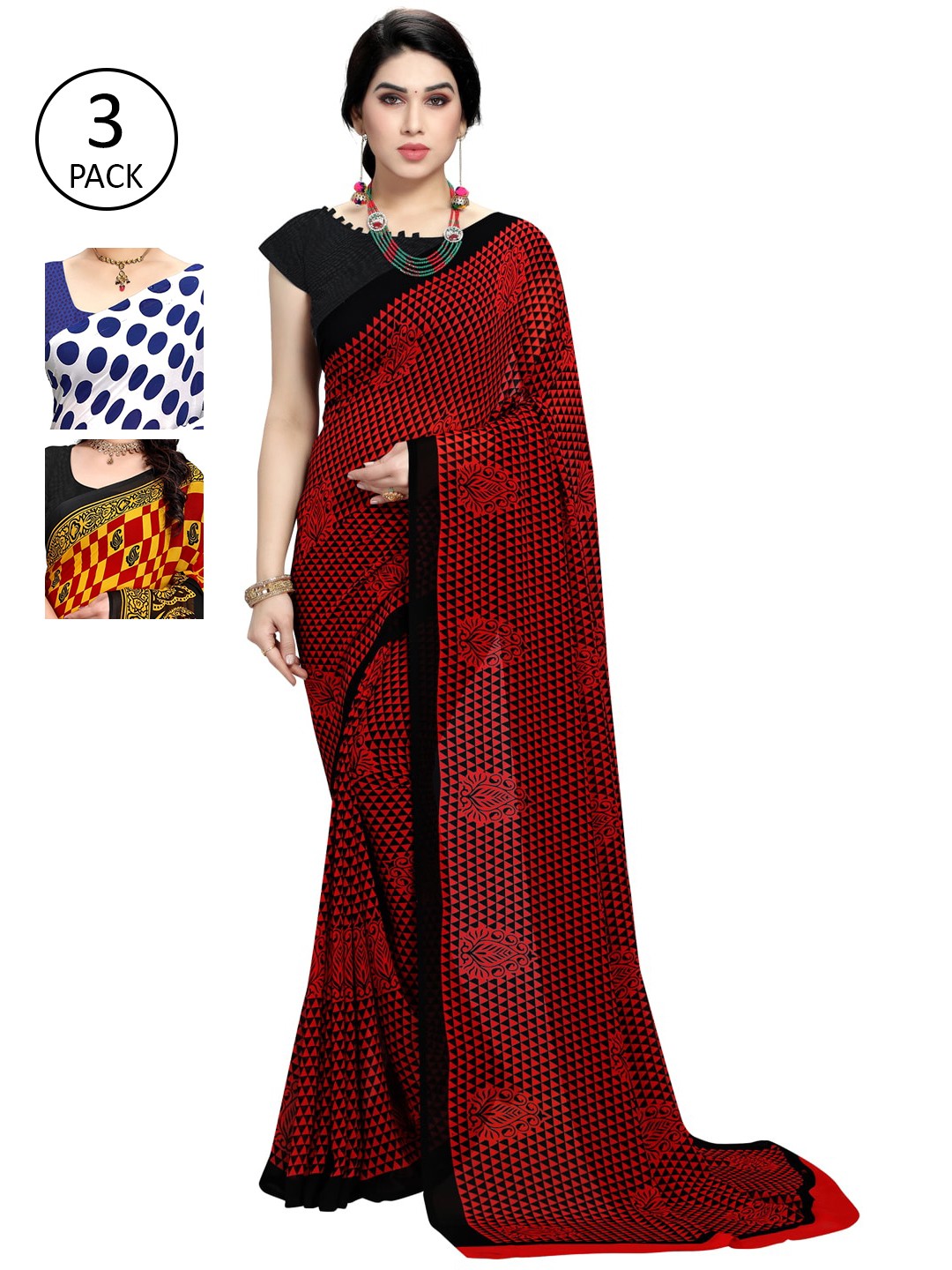 

KALINI Pack Of 3 Multicoloured Printed Sarees, Red