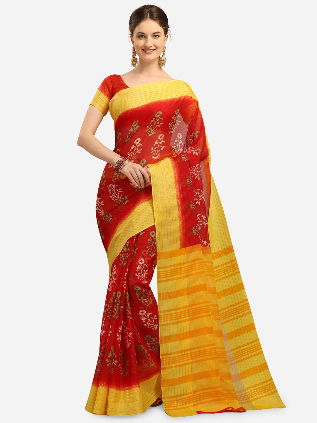 

KALINI Red & Yellow Floral Silk Cotton Fusion Kota Saree