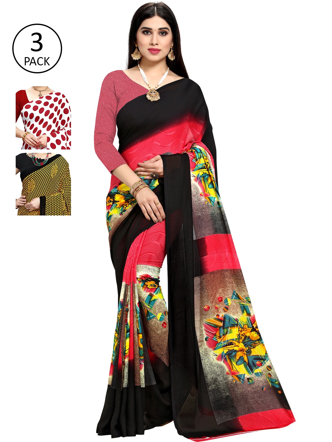 

ANAND SAREES Pack Of 3 Sarees, Pink