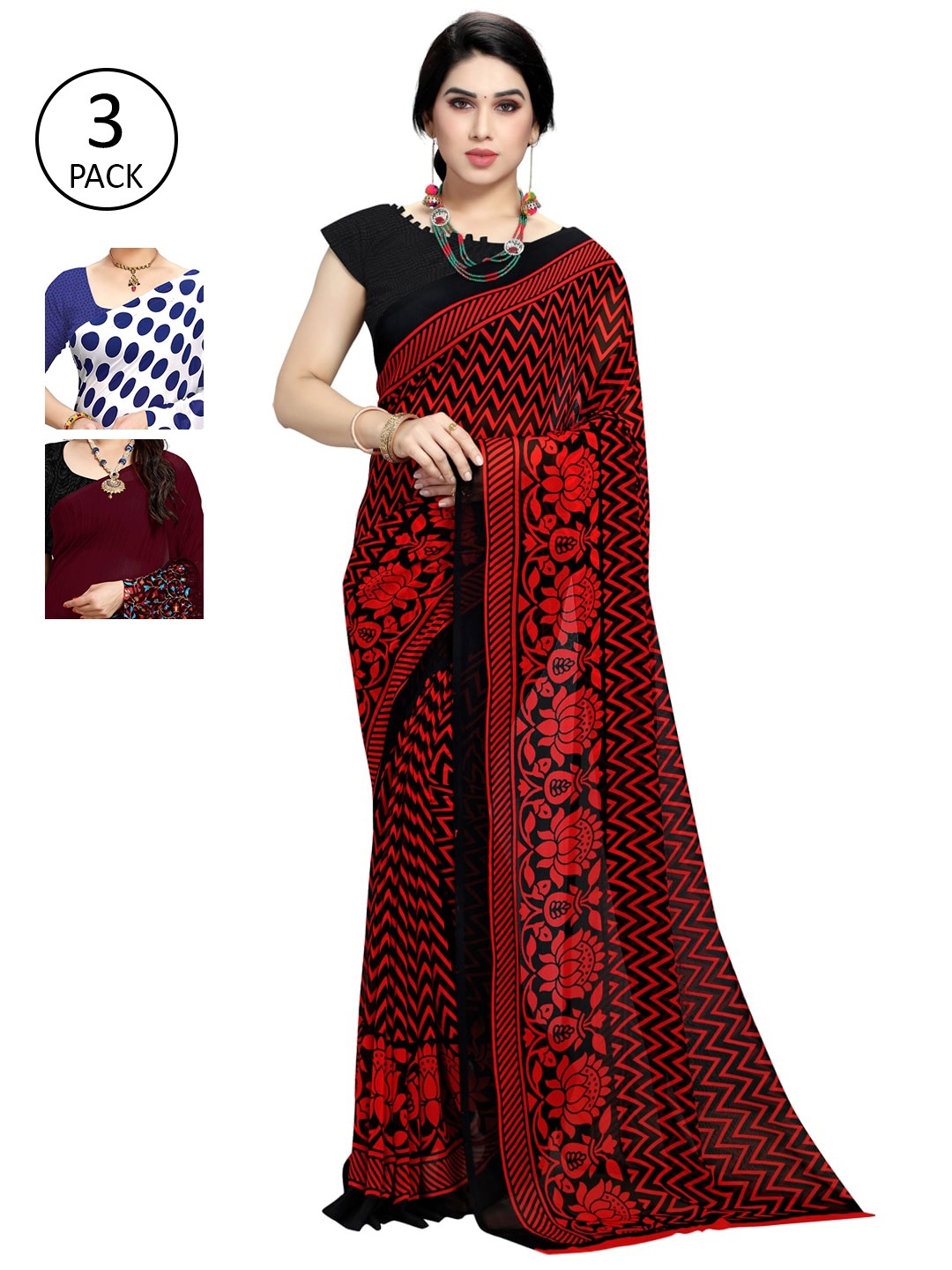 

KALINI Women Pack of 3 Printed Sarees, White