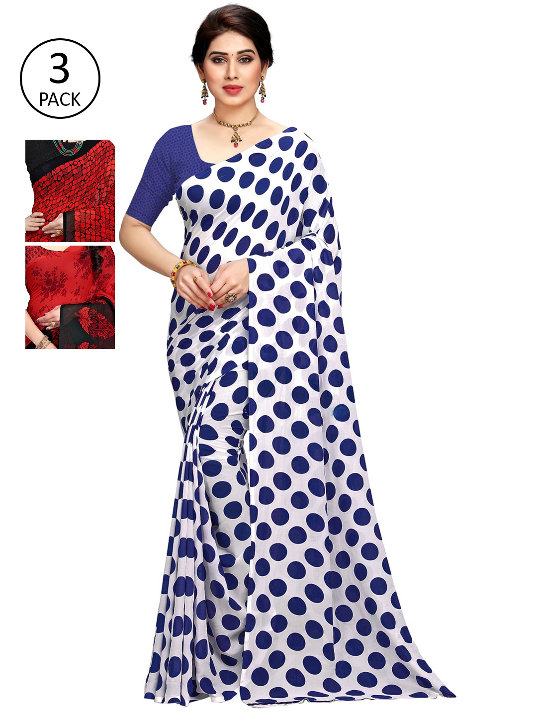 

KALINI Pack Of 3 Multicoloured Printed Sarees, Red