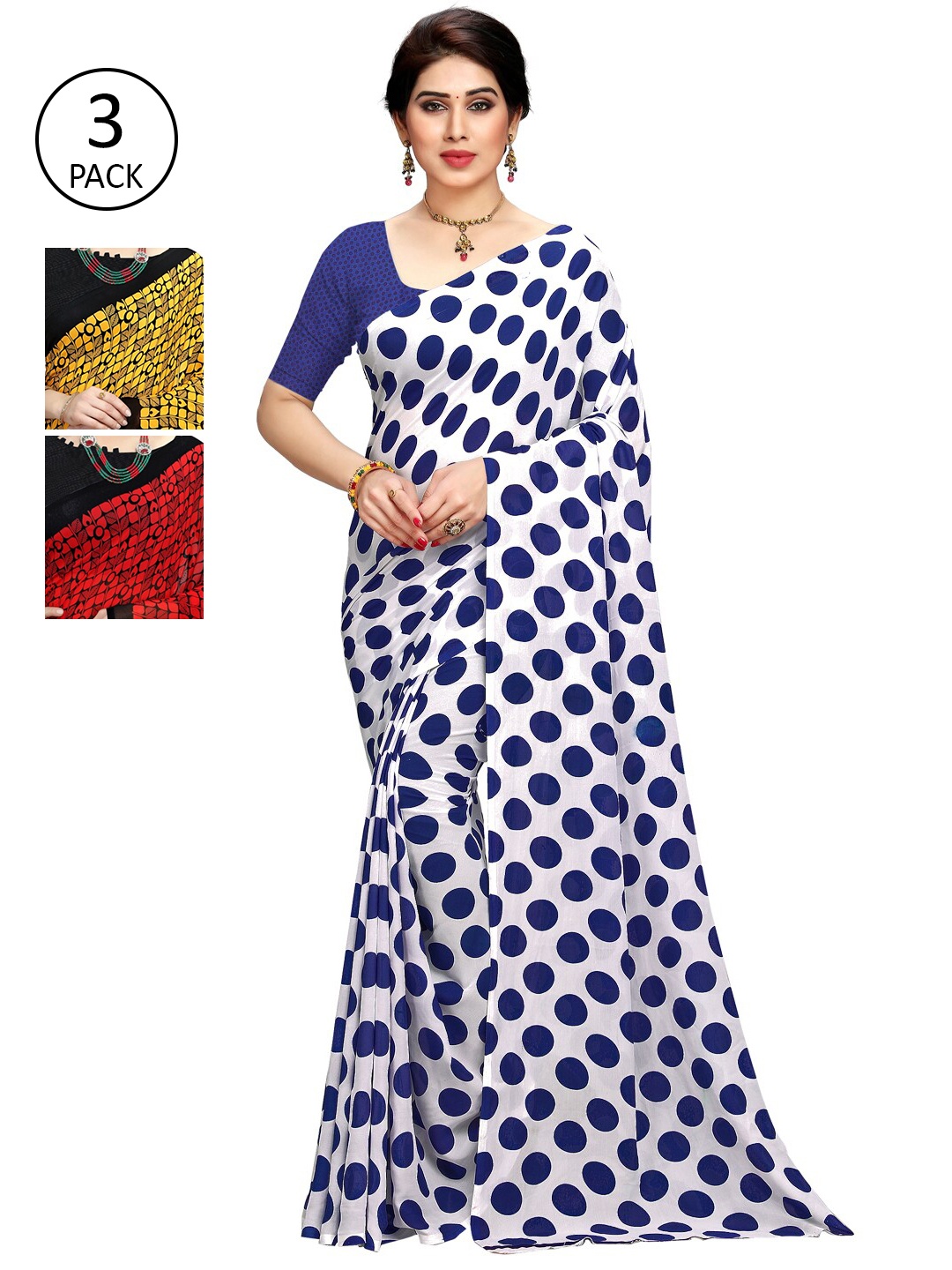 

KALINI Blue & Red Pack of 3 Printed Saree