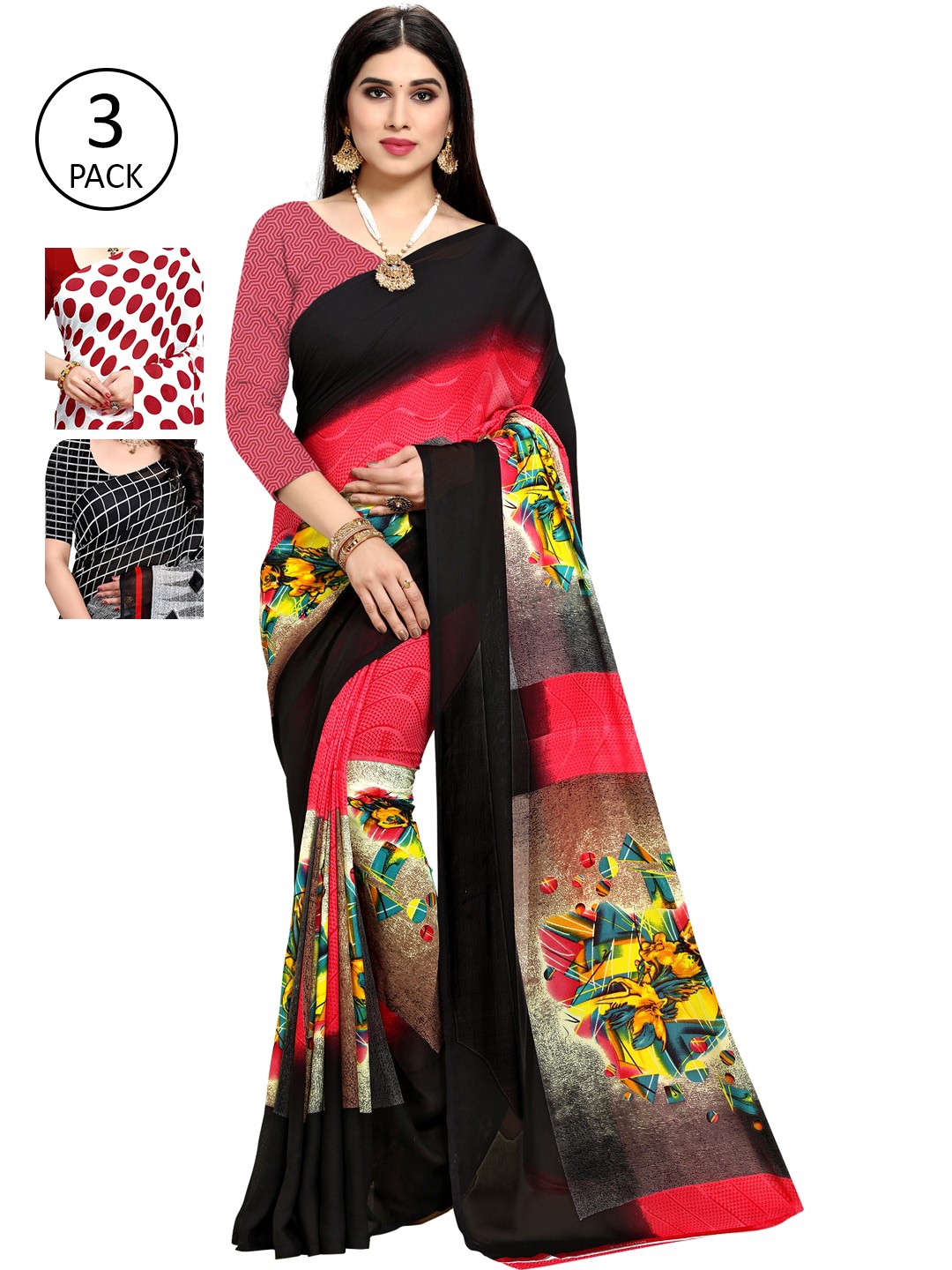 

ANAND SAREES Pack Of 3 Printed Poly Georgette Sarees, Red