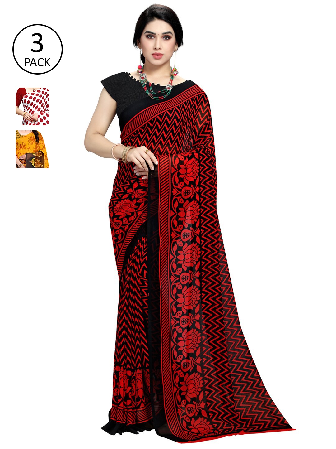 

KALINI Pack Of 3 Printed Sarees, White