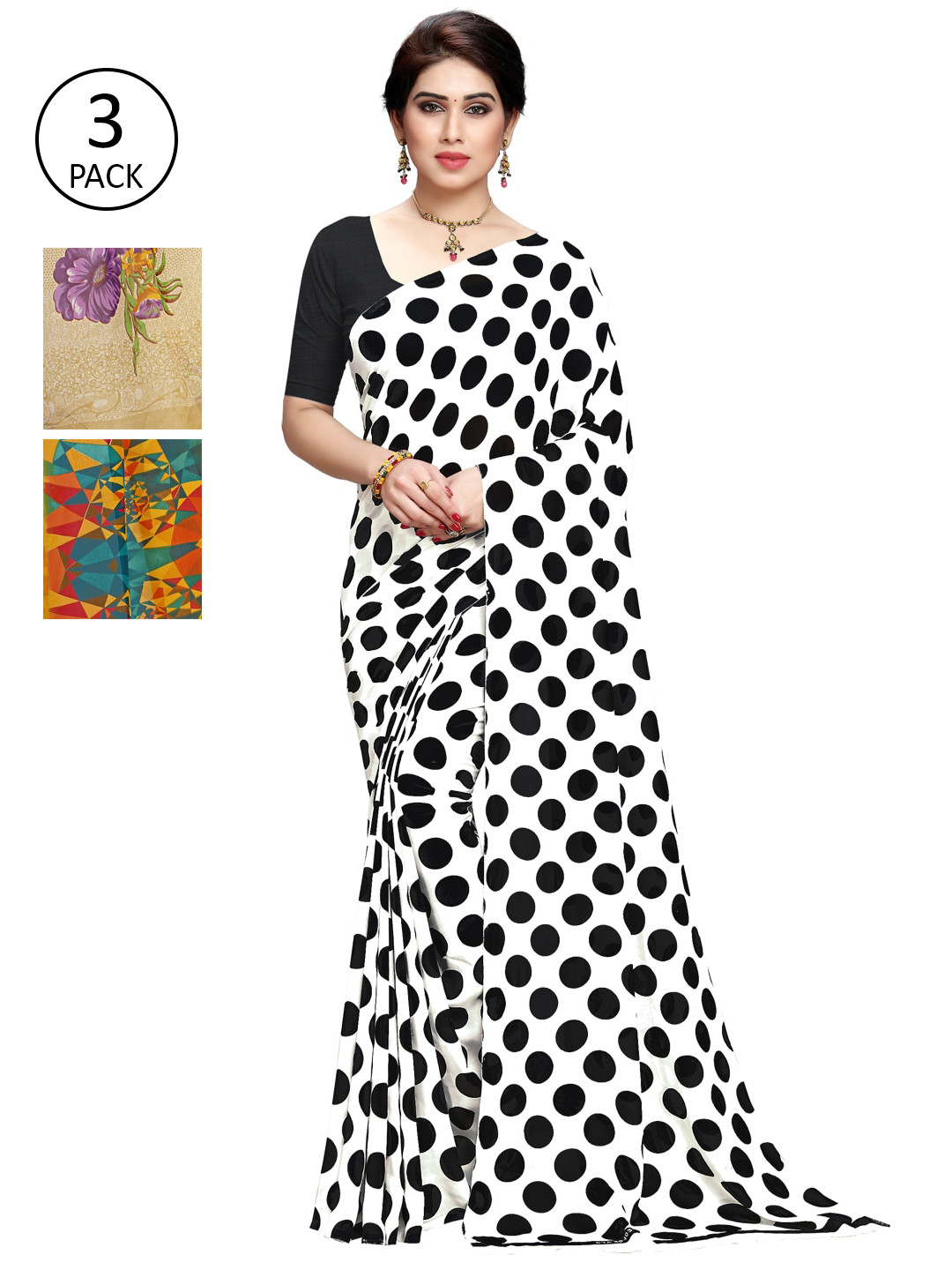 

KALINI Set of 3 White, Beige & Mustard Printed Sarees