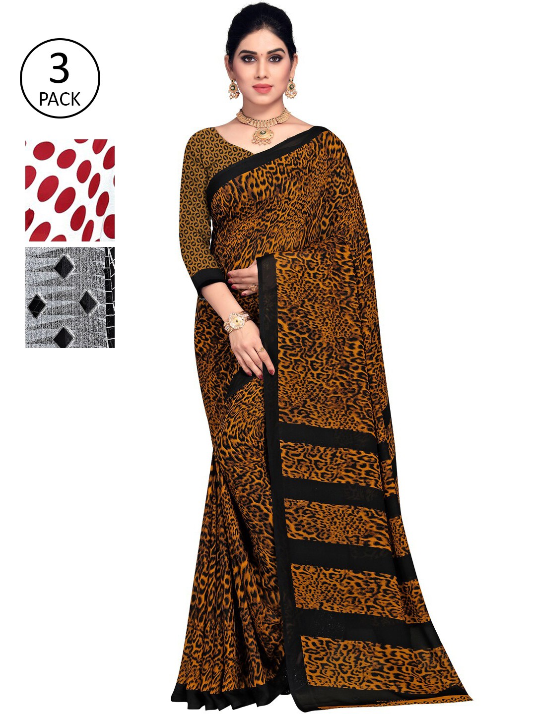 

ANAND SAREES Pack Of 3 Printed Saree, Red