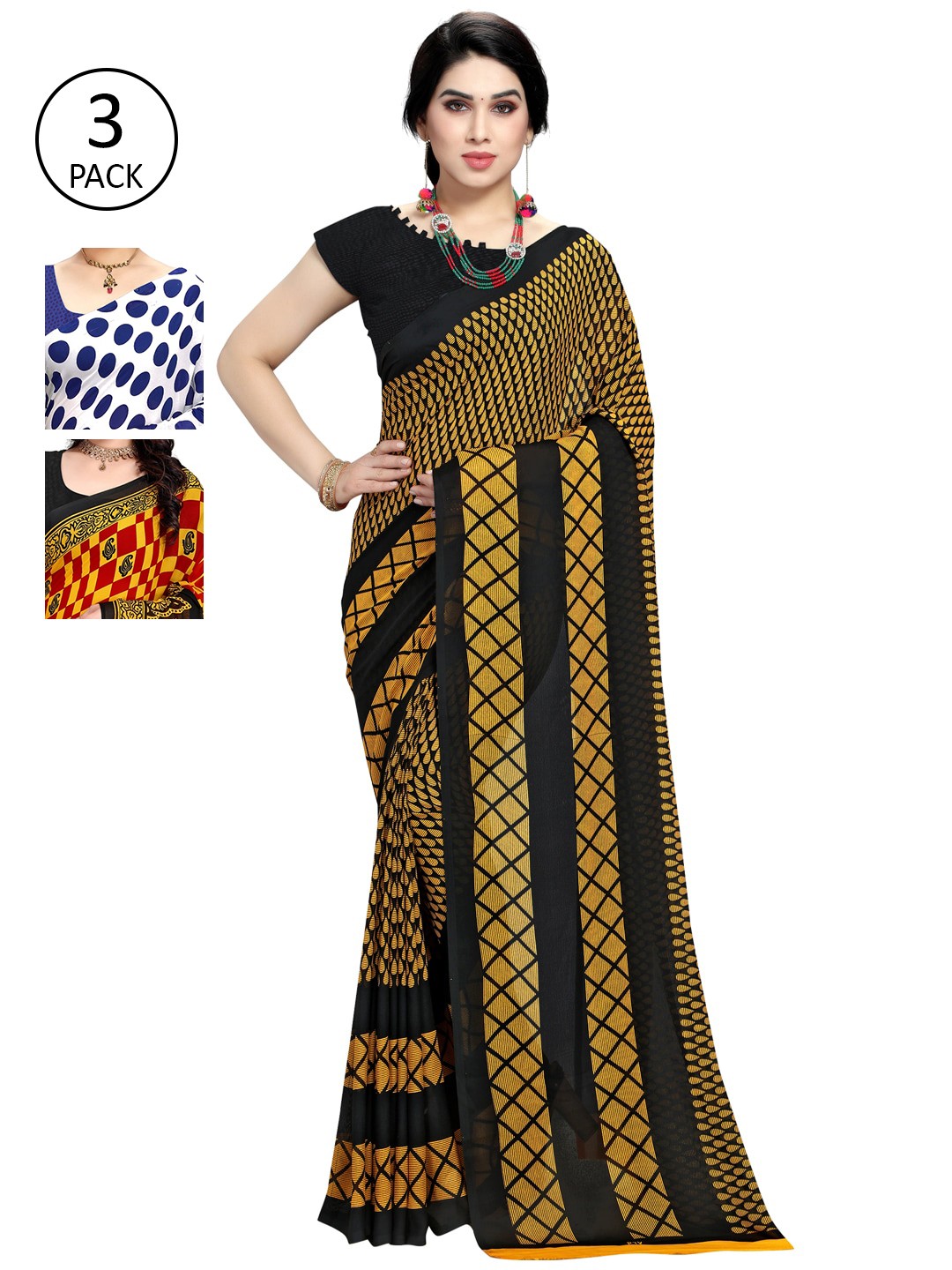 

KALINI White & Blue Pack Of 3 Printed Saree