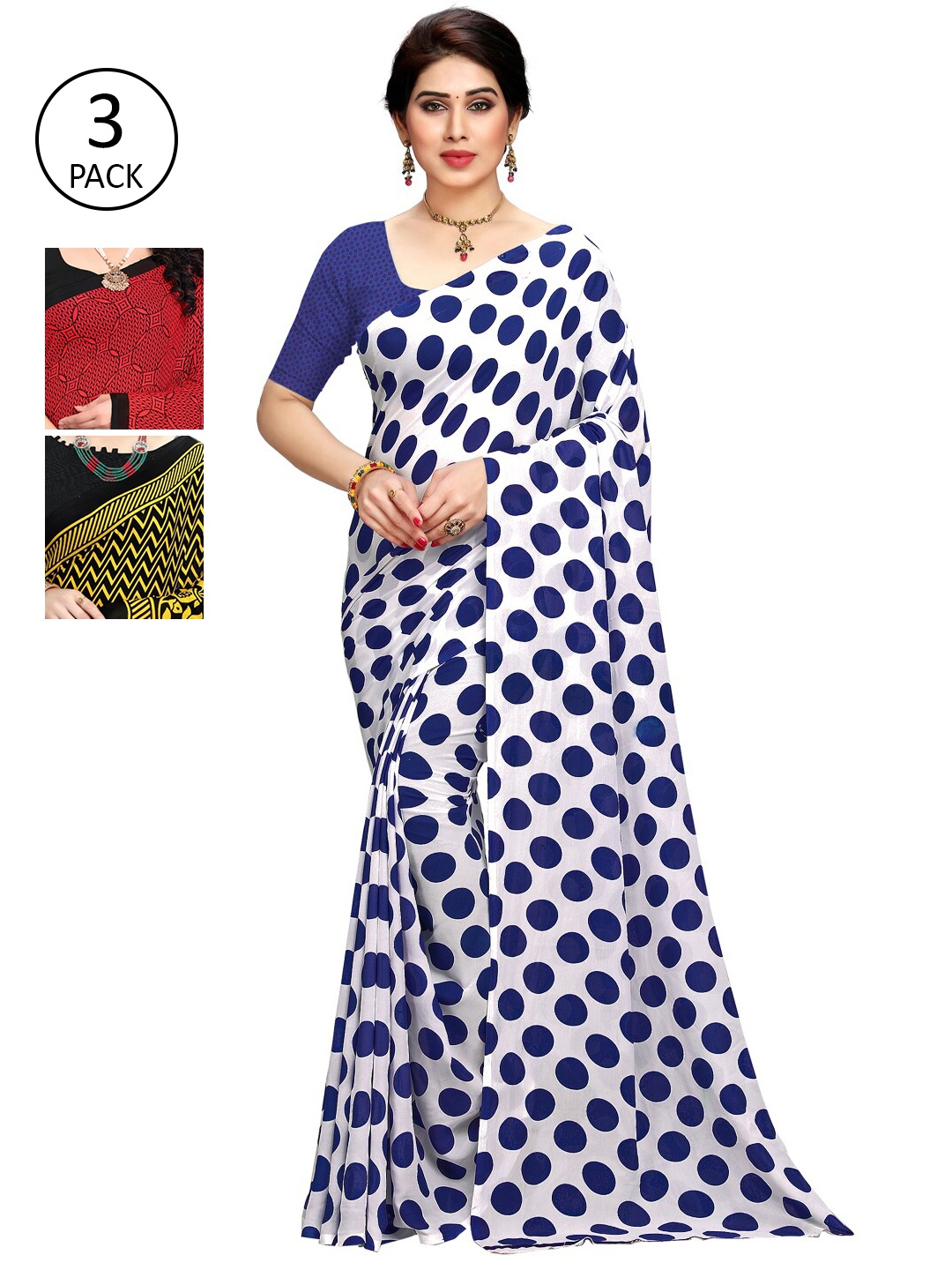

KALINI Pack Of 3 Multicoloured Printed Sarees, Red