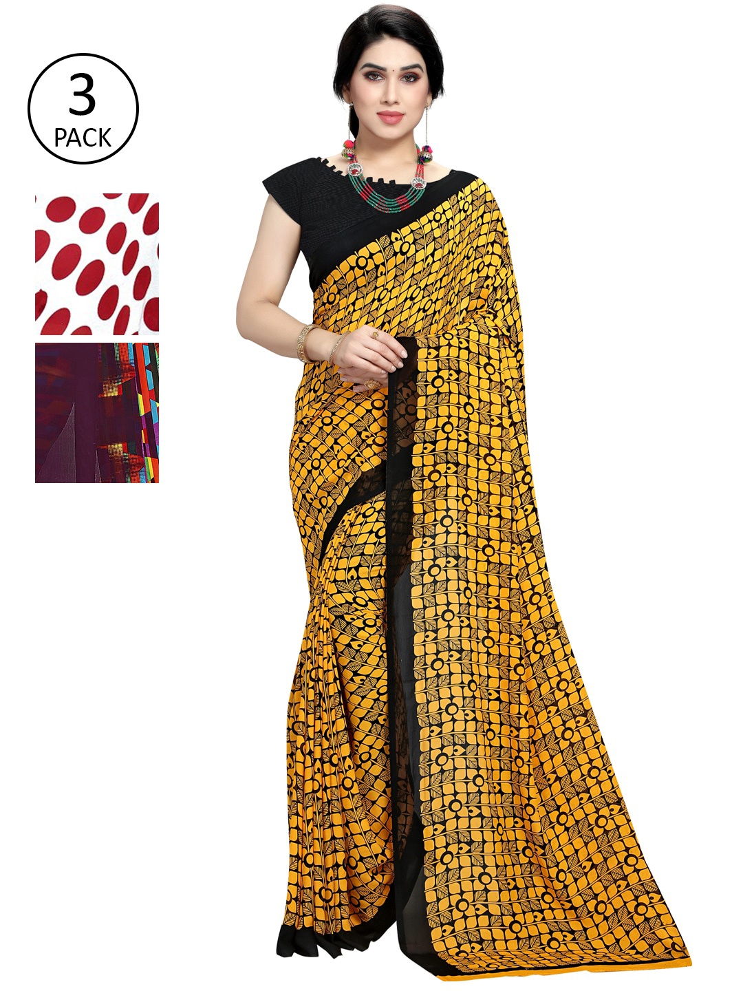 

KALINI Pack of 3 Poly Georgette Saree, Red