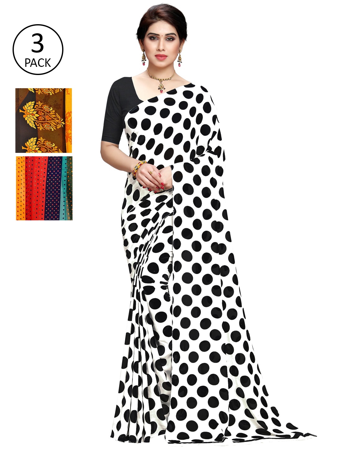 KALINI White & Yellow Pack Of 3 Printed Saree