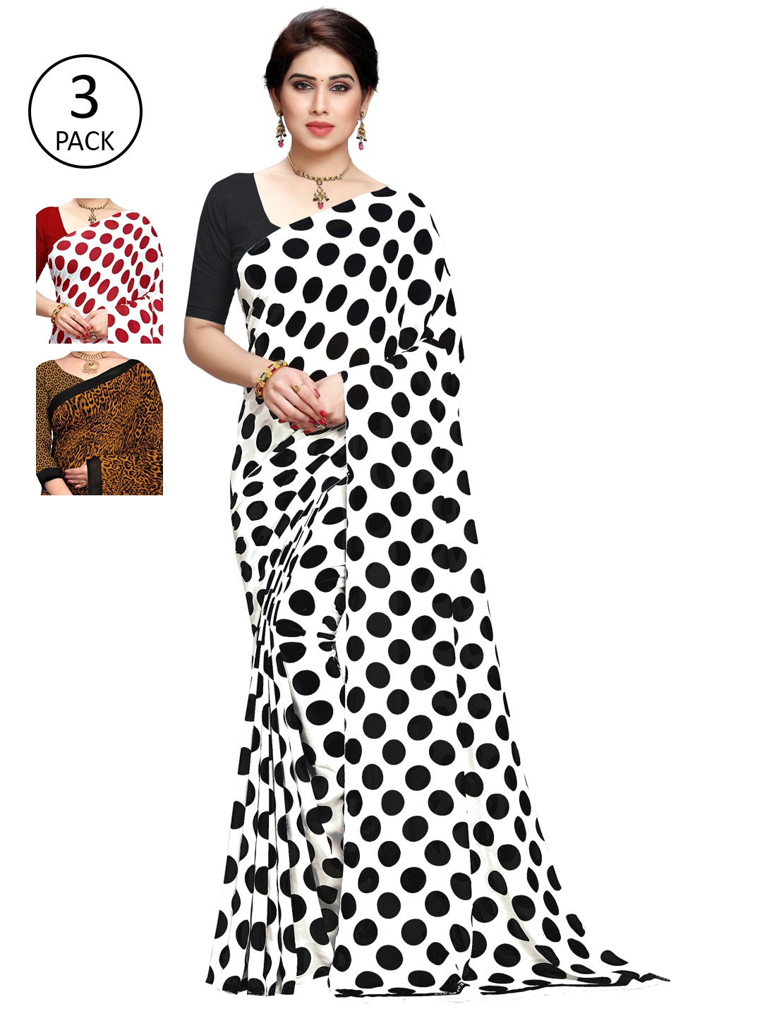 ANAND SAREES Pack Of 3 Printed Poly Georgette Sarees, Black