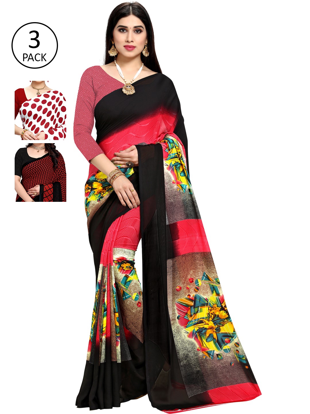 

ANAND SAREES Pack Of 3 Printed Poly Georgette Sarees, White
