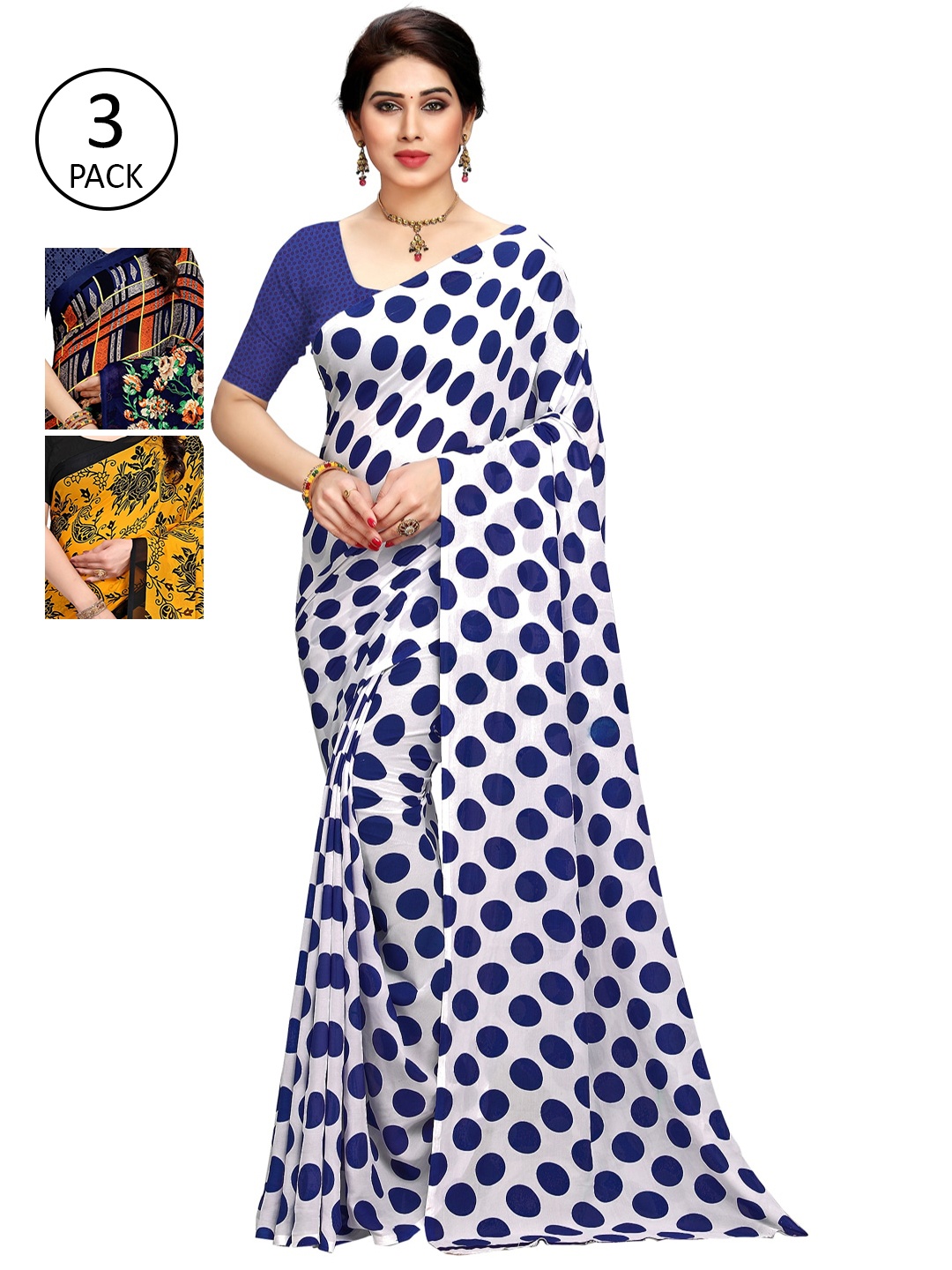 

KALINI Pack of 3 Printed Sarees with Unstitched Blouse Pieces, Multi