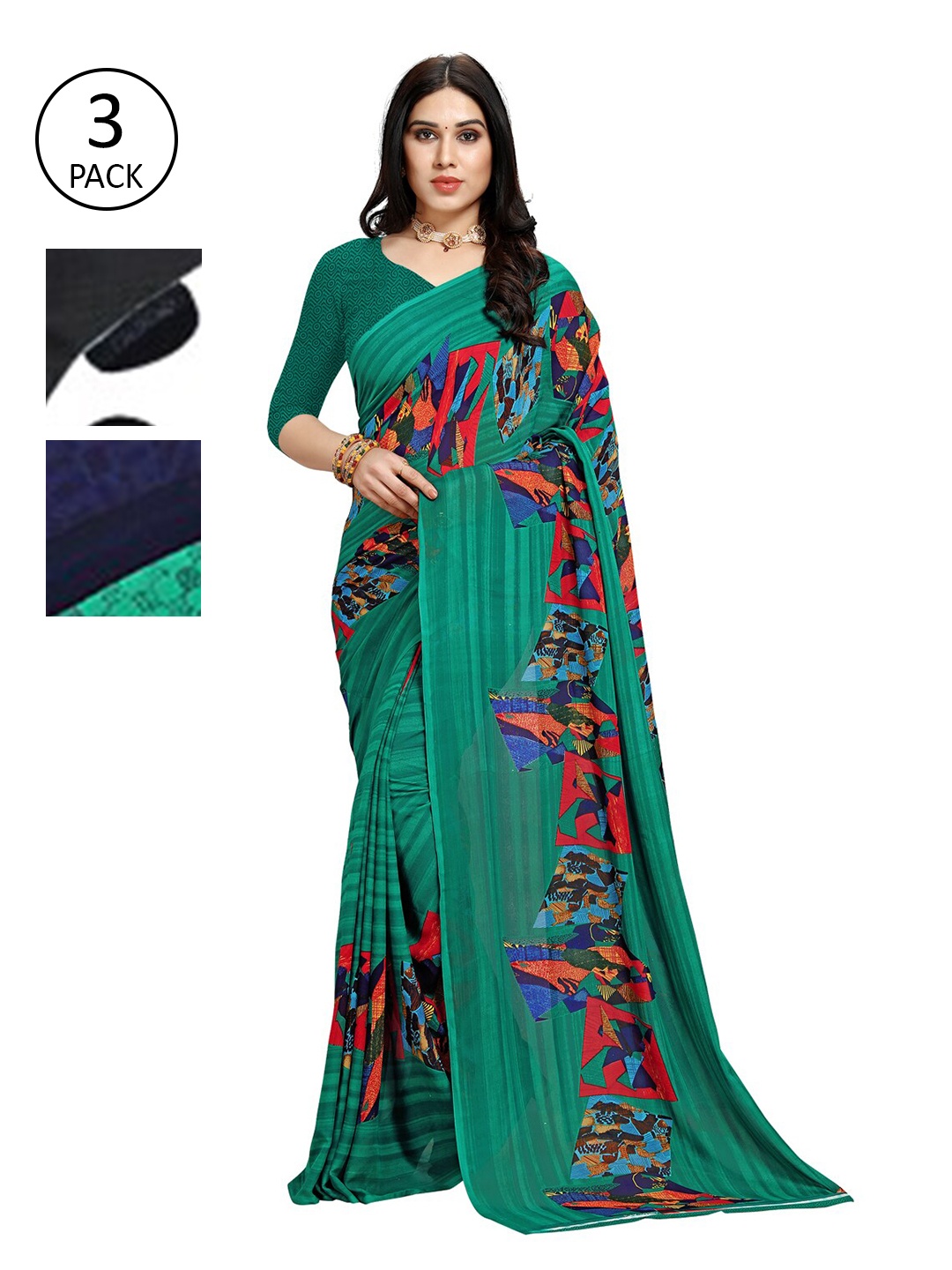 

KALINI Green & White Pack of 3 Printed Saree, Multi