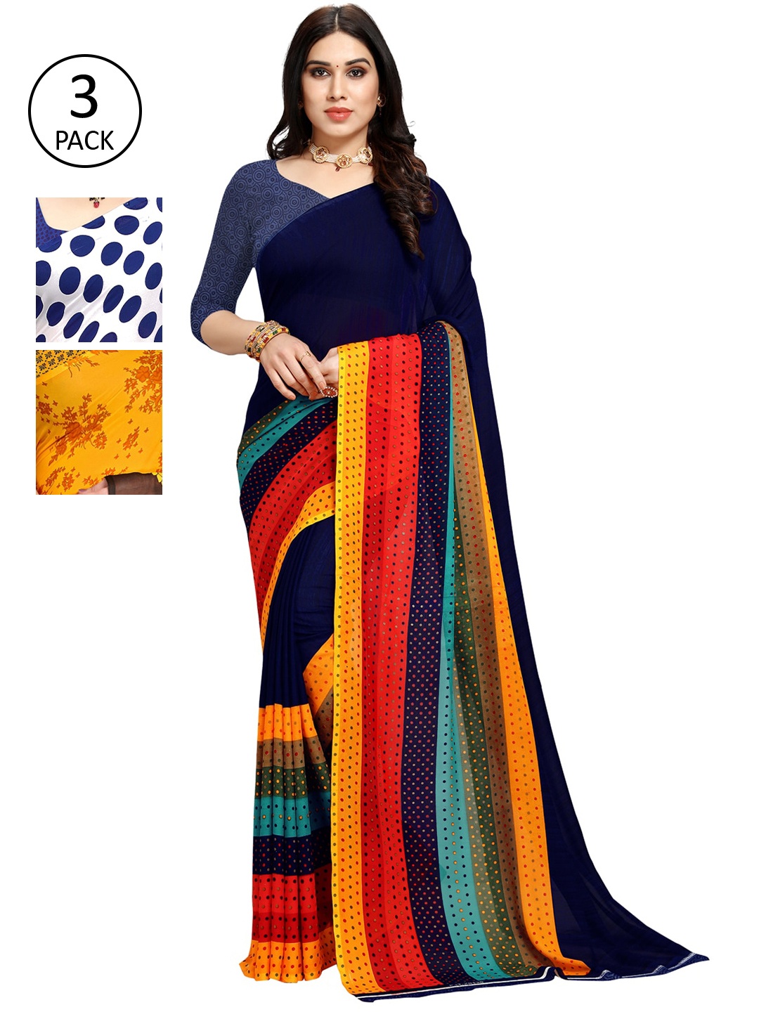 

KALINI Pack of 3 Poly Georgette Printed Sarees, White