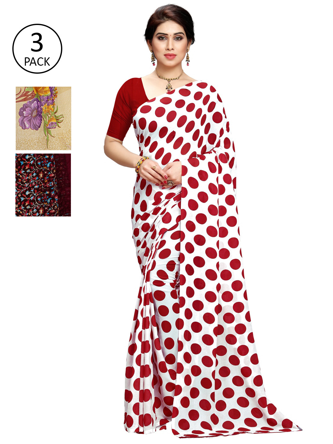 

KALINI Pack of 3 Printed Sarees, Red