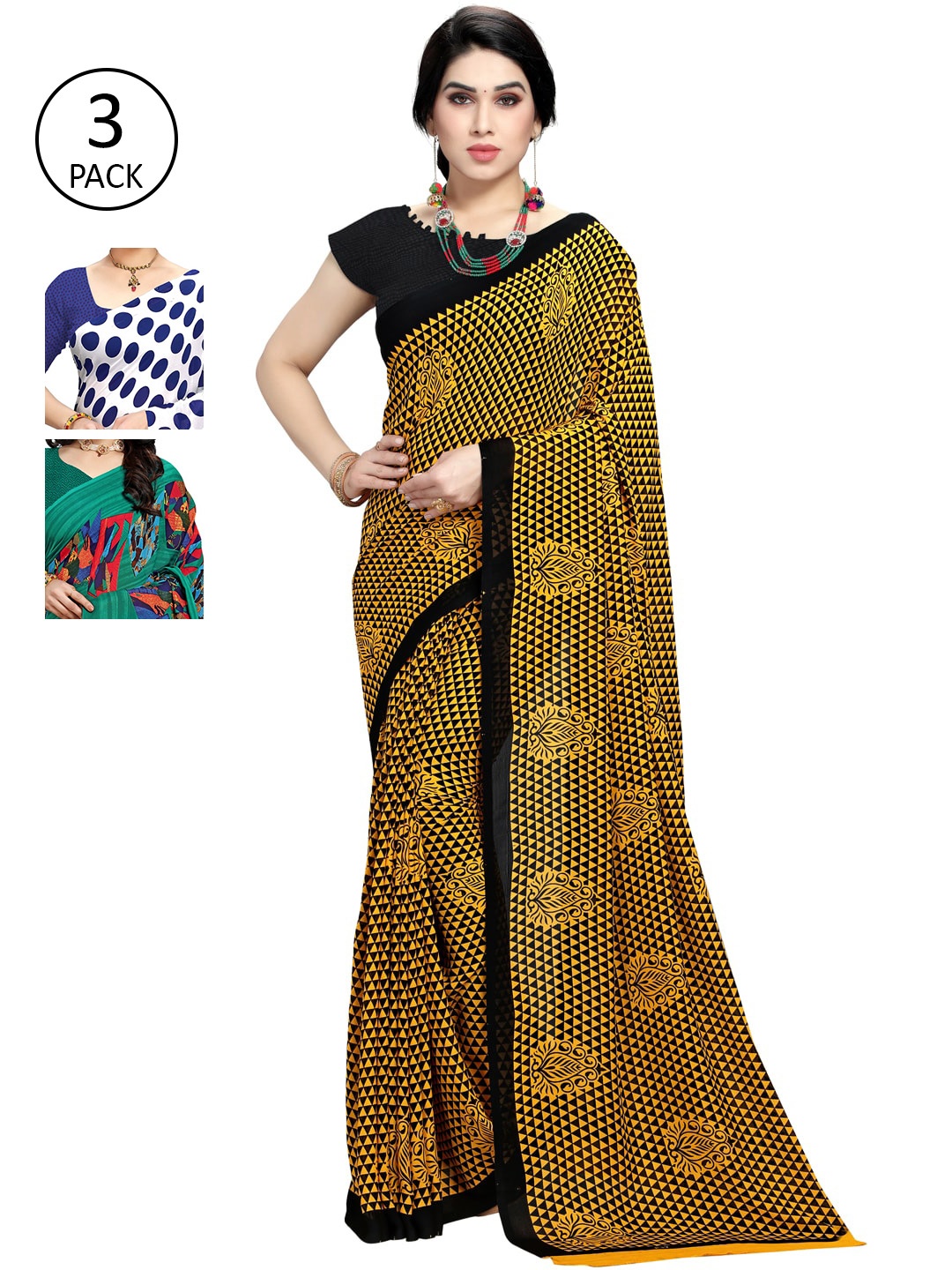 

KALINI Women Pack of 3 Printed Sarees, Blue