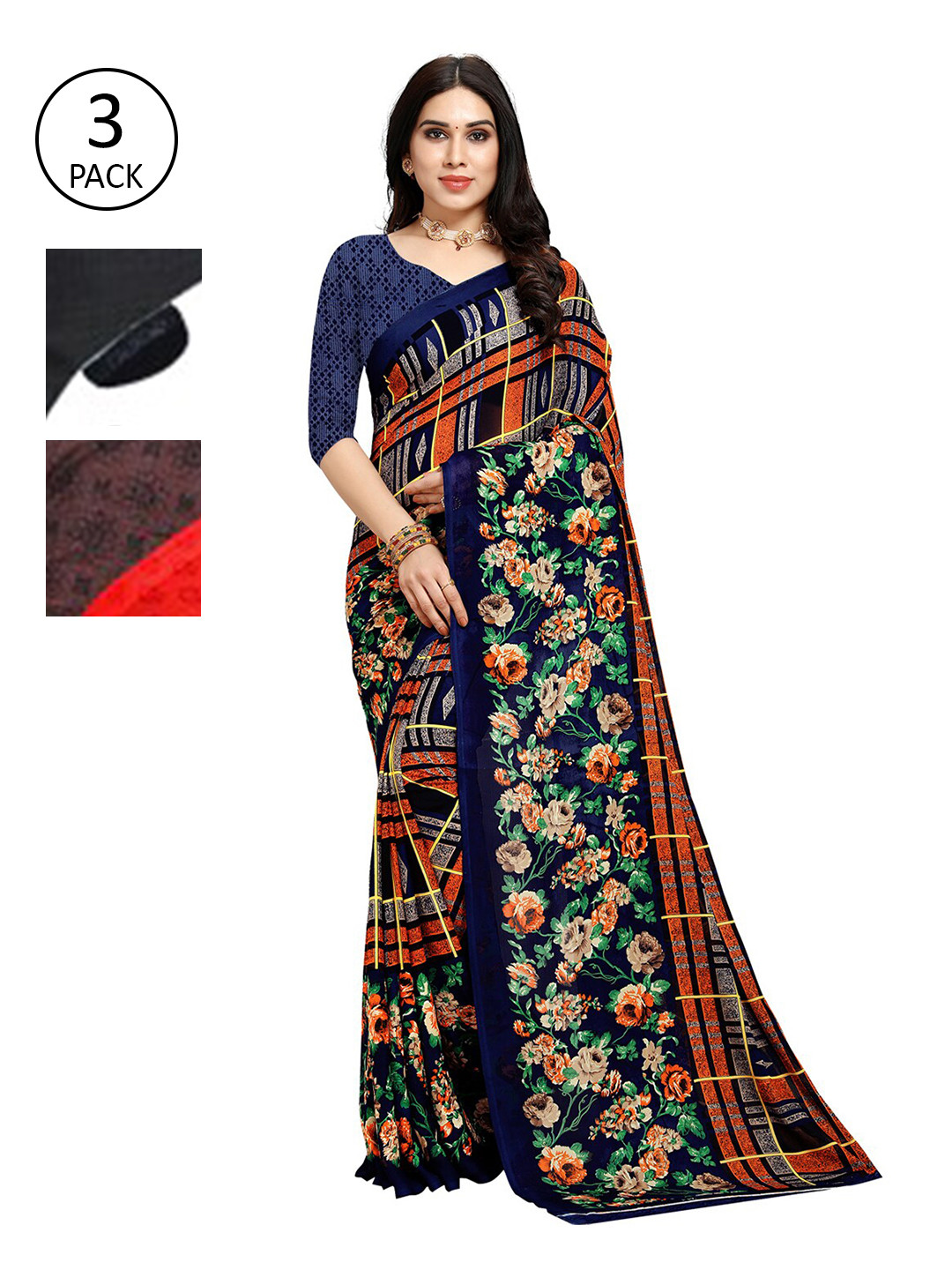 

KALINI Multicolour Printed Poly Georgette Daily Wear Sarees-Pack of 3, White
