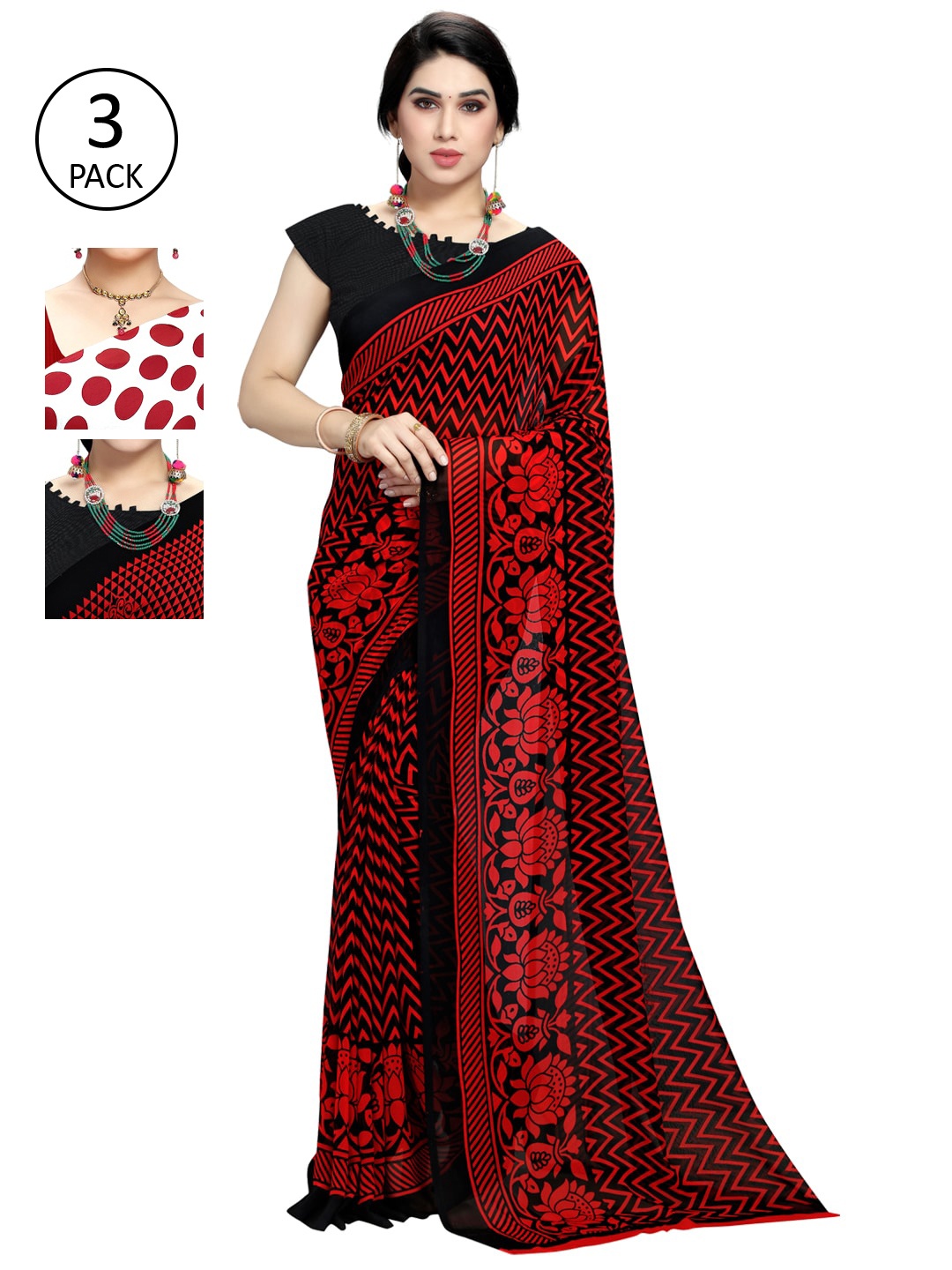 

KALINI Pack of 3 Poly Georgette Printed Sarees, Red